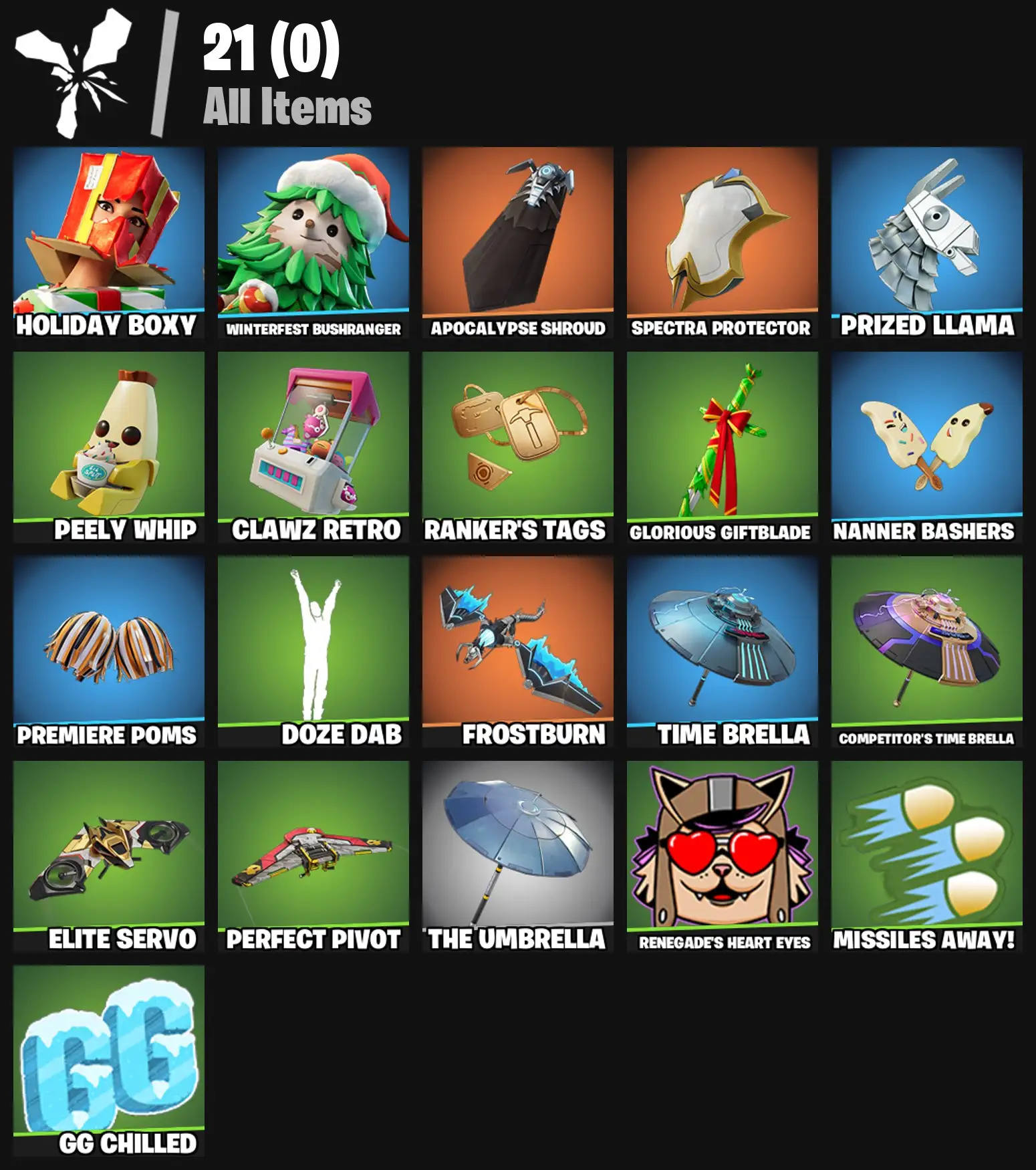 [PC/PSN/XBOX] 2 skins | Holiday Boxy | Winterfest Bushranger | Apocalypse Shroud | Spectra Protector | Prized Llama | Peely Whip | Clawz Retro | 200 VB