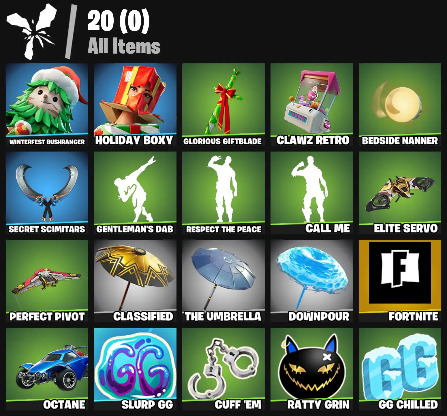 [PC/PSN/XBOX] 2 skins | Fortnite | Winterfest Bushranger | Holiday Boxy | Glorious Giftblade | Clawz Retro | Bedside Nanner | Secret Scimitars | 200 VB