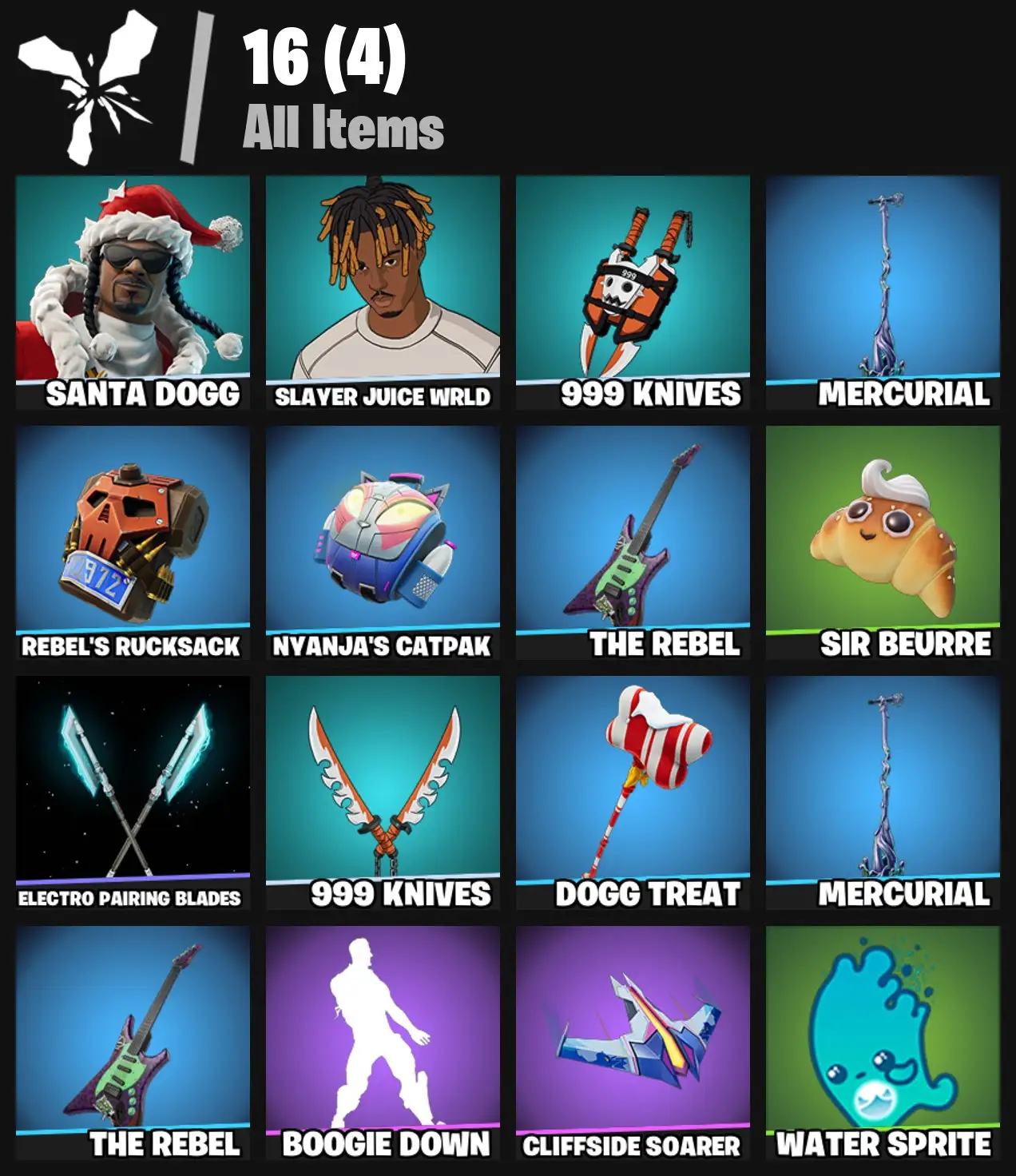 [PC/PSN/XBOX] 2 skins | Santa Dogg | Slayer Juice WRLD | 999 Knives | Mercurial | Rebel's Rucksack | Nyanja's Catpak | The Rebel | Sir Beurre | 100 VB