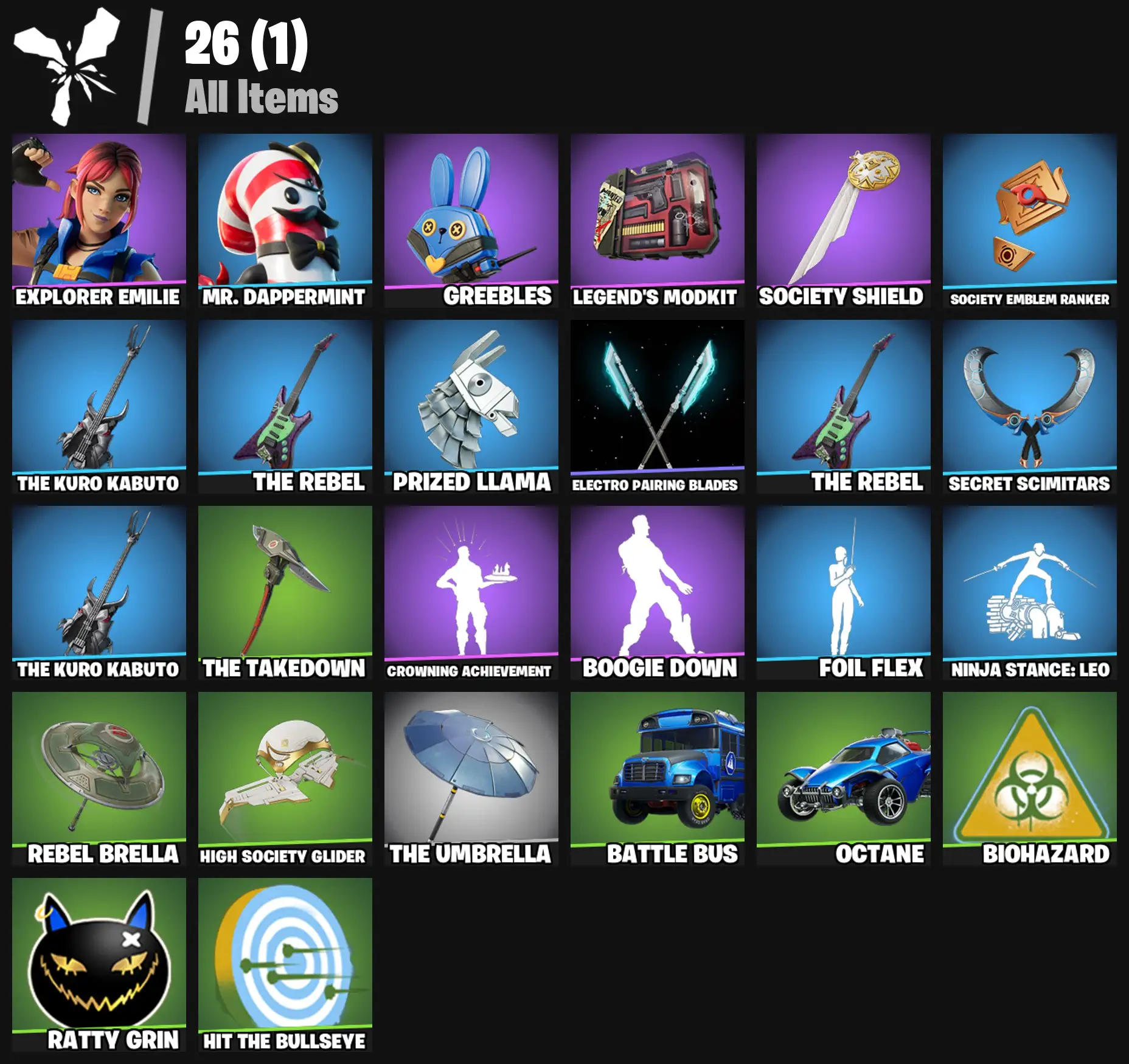 [PC/PSN/XBOX] 2 skins | Explorer Emilie | Mr. Dappermint | Greebles | Legend's Modkit | Society Shield | Society Emblem Ranker | The Kuro Kabuto | 100 VB