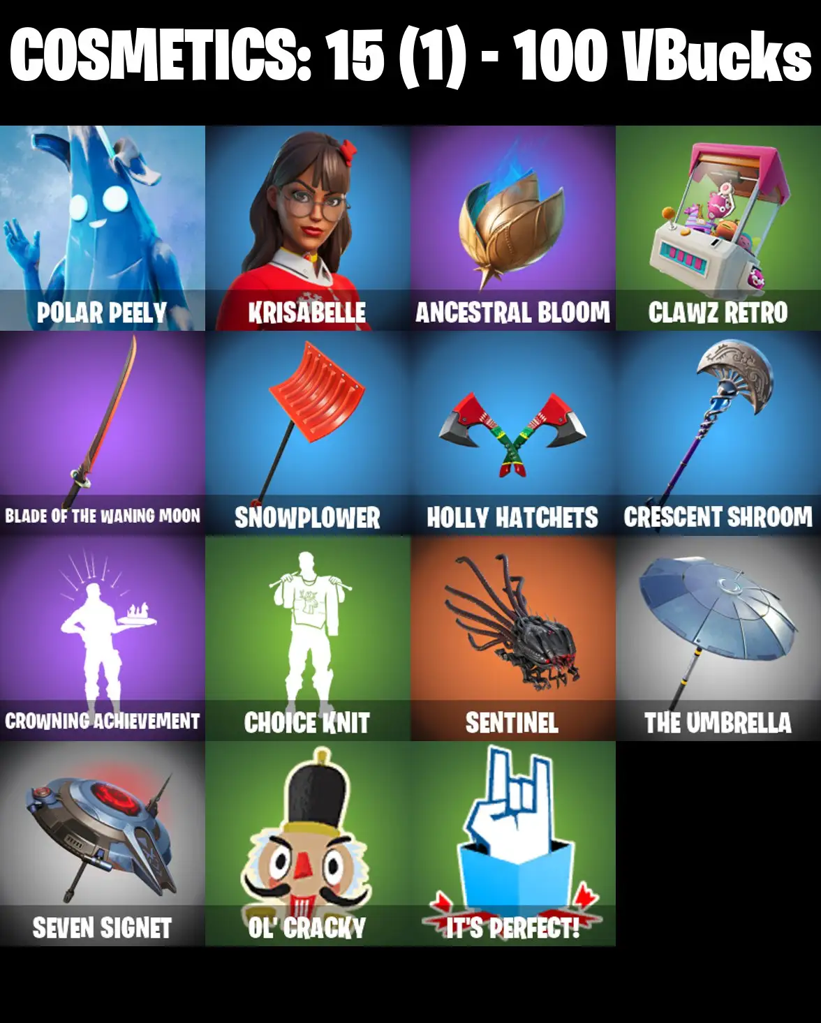 [PC/PSN/XBOX] 2 skins | Polar Peely | Krisabelle | Ancestral Bloom | Clawz Retro | Blade of the Waning Moon | Snowplower | Holly Hatchets | 100 VB