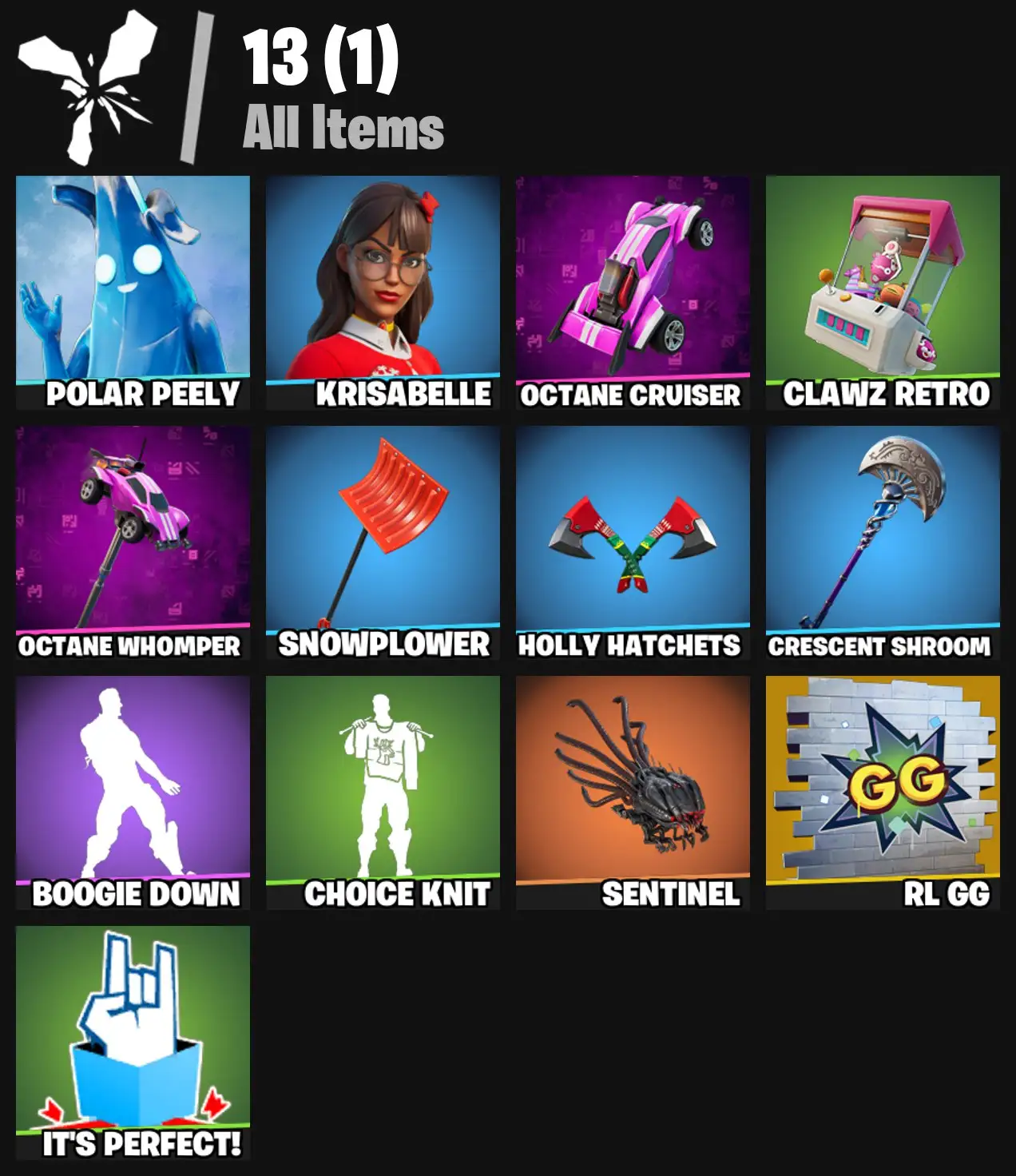 [PC/PSN/XBOX] 2 skins | Polar Peely | Krisabelle | Octane Cruiser | Clawz Retro | Octane Whomper | Snowplower | Holly Hatchets | Crescent Shroom | 0 VB