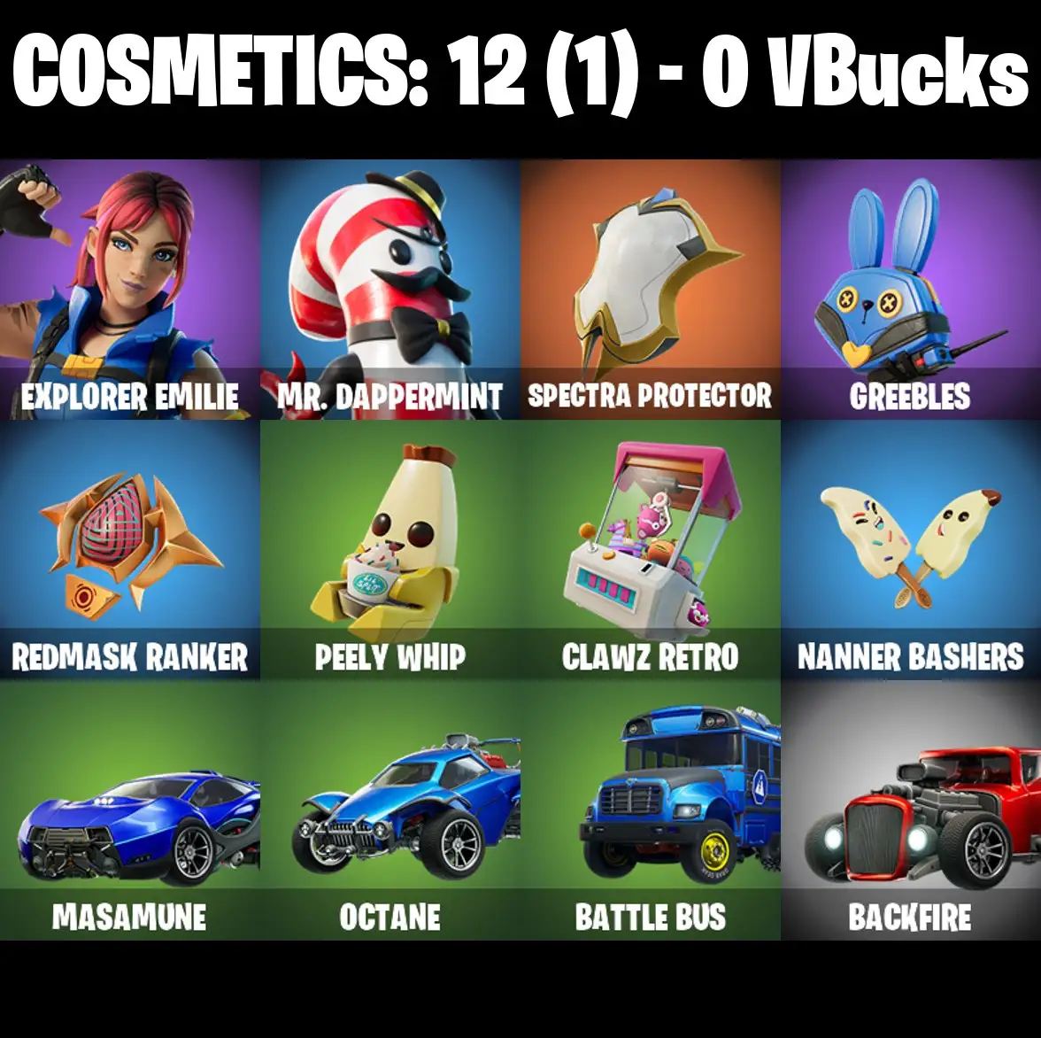 [PC/PSN/XBOX] 2 skins | Explorer Emilie | Mr. Dappermint | Spectra Protector | Greebles | Redmask Ranker | Peely Whip | Clawz Retro | Nanner Bashers | 0 VB