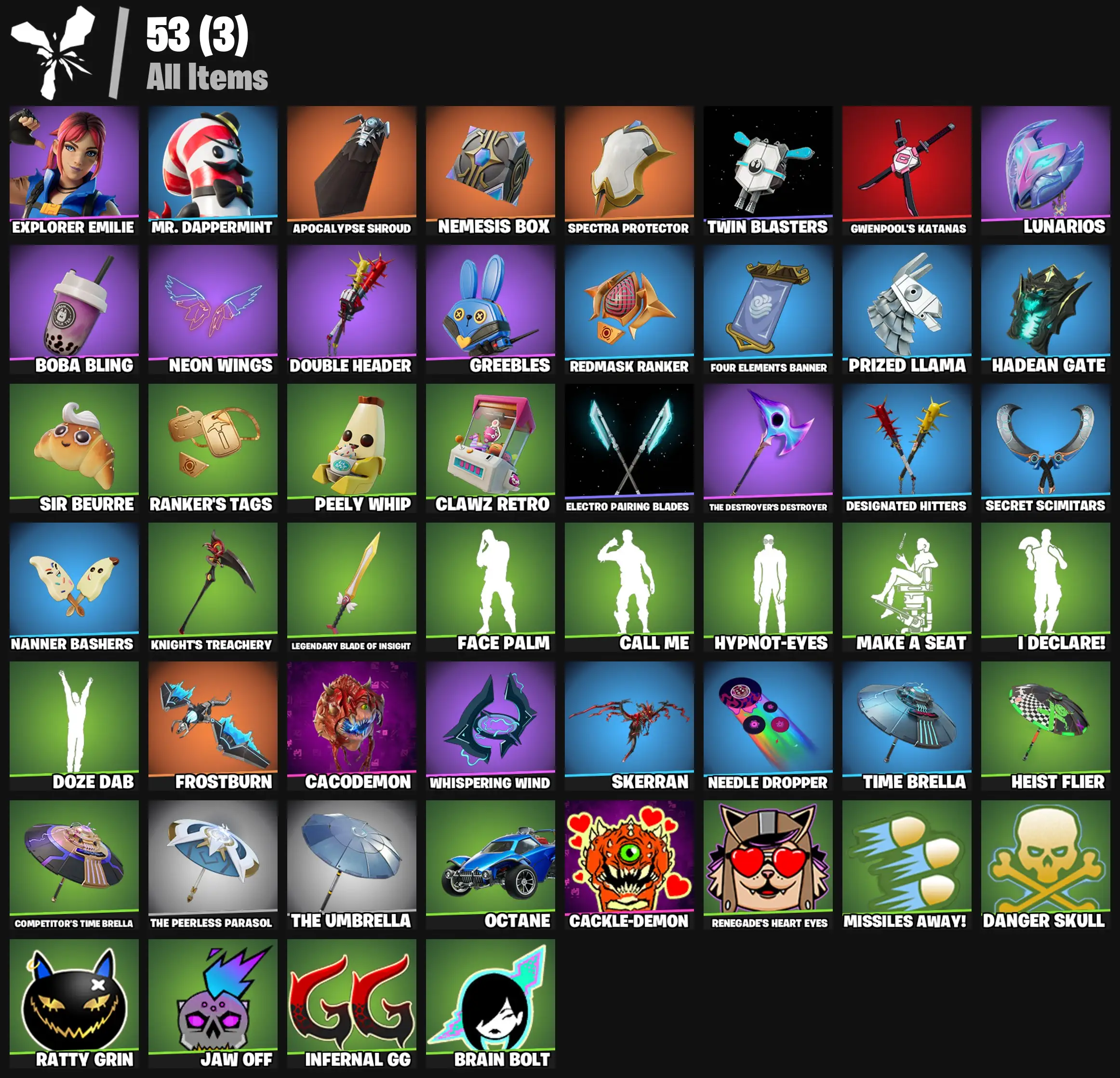 [PC/PSN/XBOX] 2 skins | Explorer Emilie | Mr. Dappermint | Apocalypse Shroud | Nemesis Box | Spectra Protector | Twin Blasters | Gwenpool's Katanas | 400 VB