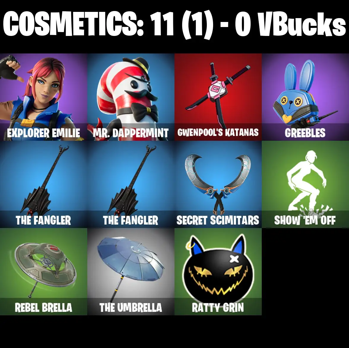 [PC/PSN/XBOX] 2 skins | Explorer Emilie | Mr. Dappermint | Gwenpool's Katanas | Greebles | The Fangler | The Fangler | Secret Scimitars | Show 'Em Off | 0 VB