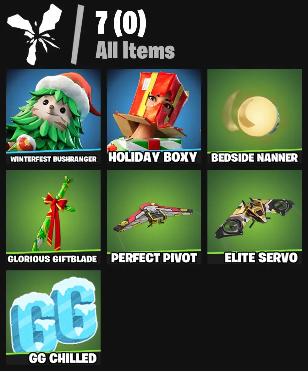 [PC/PSN/XBOX] 2 skins | Winterfest Bushranger | Holiday Boxy | Bedside Nanner | Glorious Giftblade | Perfect Pivot | Elite Servo | 0 VB