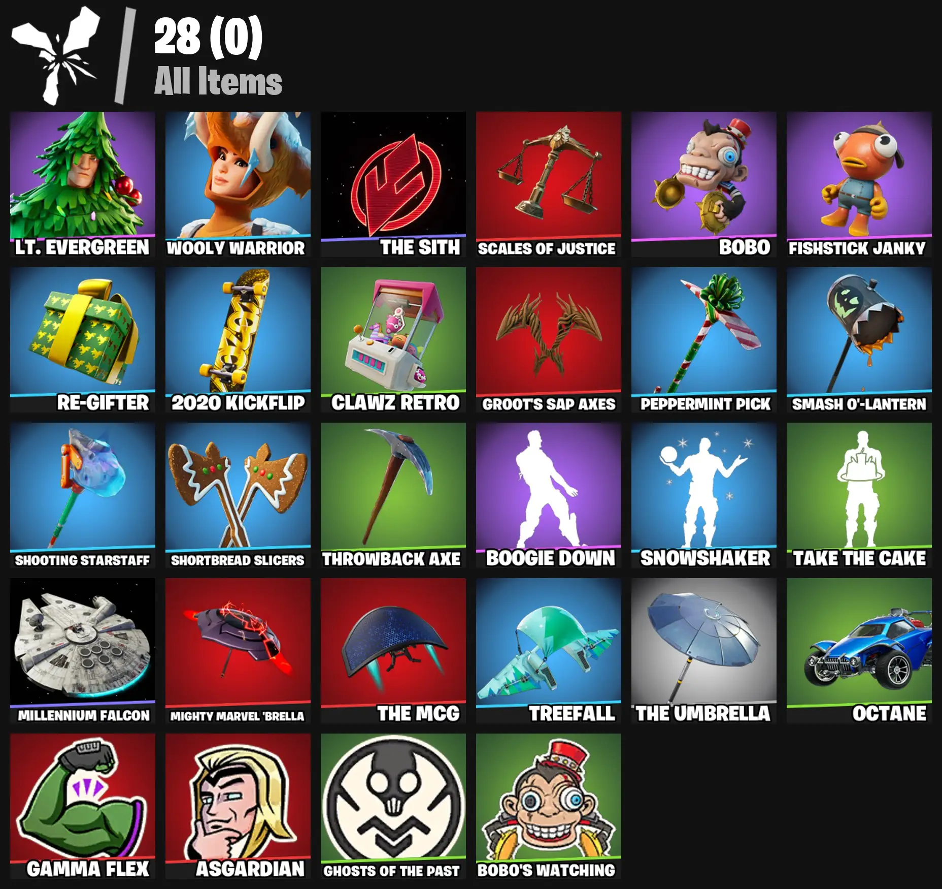 [PC/PSN/XBOX] 2 skins | Lt. Evergreen | Wooly Warrior | The Sith | Scales of Justice | Bobo | Fishstick Janky | Re-gifter | 2020 Kickflip | 0 VB