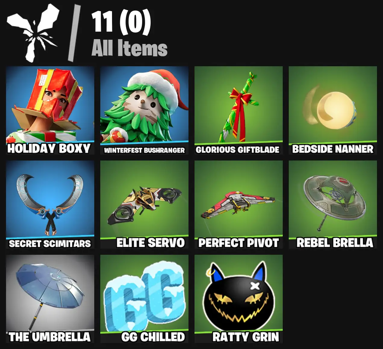 [PC/PSN/XBOX] 2 skins | Holiday Boxy | Winterfest Bushranger | Glorious Giftblade | Bedside Nanner | Secret Scimitars | Elite Servo | Perfect Pivot | 0 VB