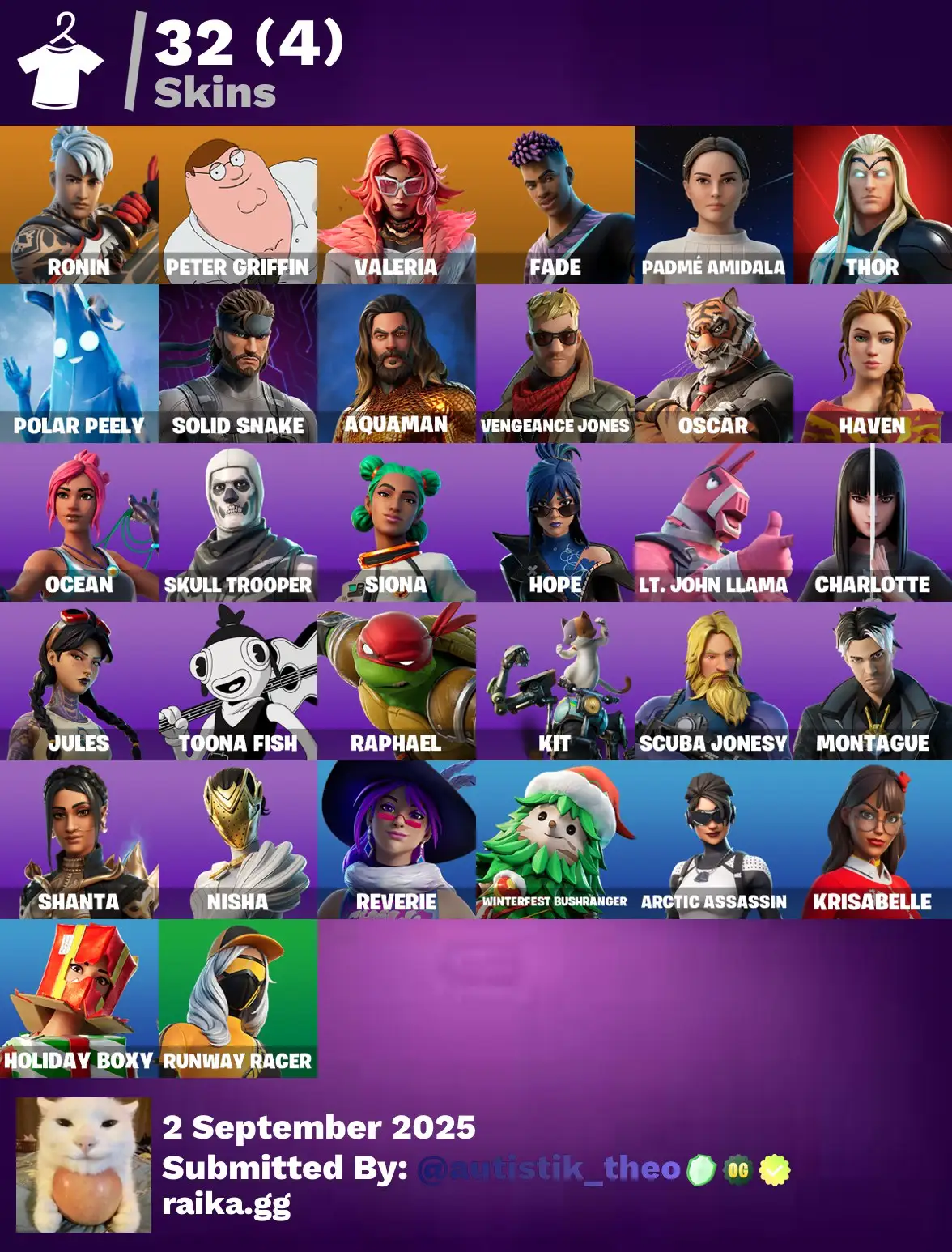 [PC/PSN/XBOX] 32 skins | Ronin | Peter Griffin | Valeria | Fade | Padmé Amidala | Thor | Polar Peely | Solid Snake | Aquaman | Vengeance Jones | Oscar | 0 VB