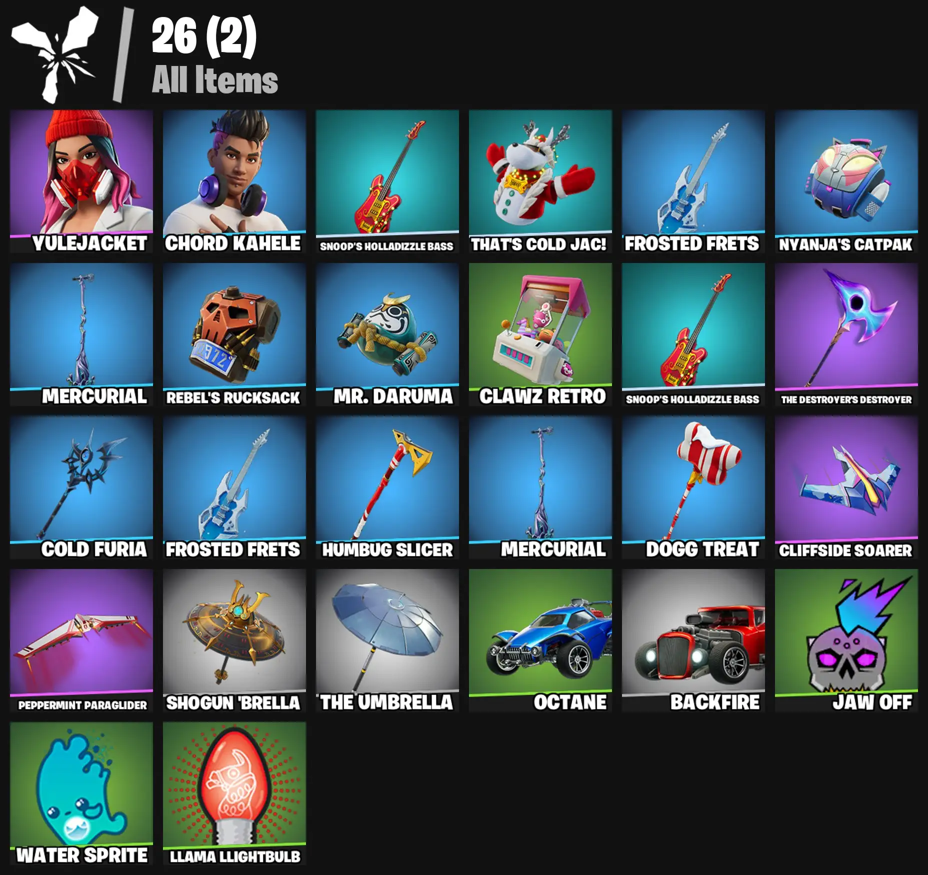 [PC/PSN/XBOX] 2 skins | Yulejacket | Chord Kahele | Snoop's Holladizzle Bass | That's Cold Jac! | Frosted Frets | Nyanja's Catpak | Mercurial | 100 VB