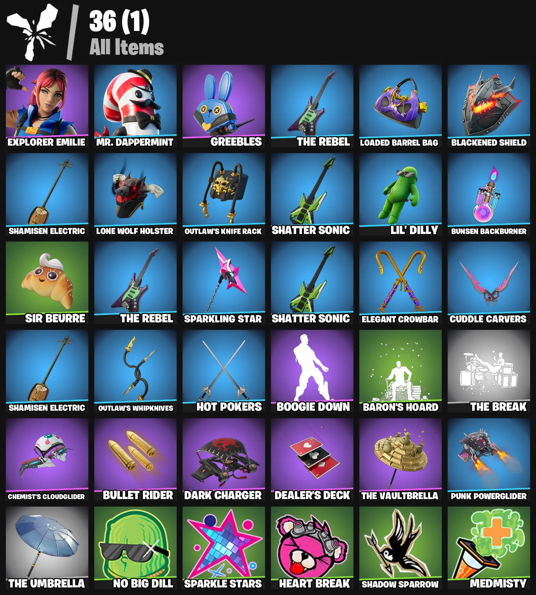[PC/PSN/XBOX] 2 skins | Explorer Emilie | Mr. Dappermint | Greebles | The Rebel | Loaded Barrel Bag | Blackened Shield | Shamisen Electric | 100 VB