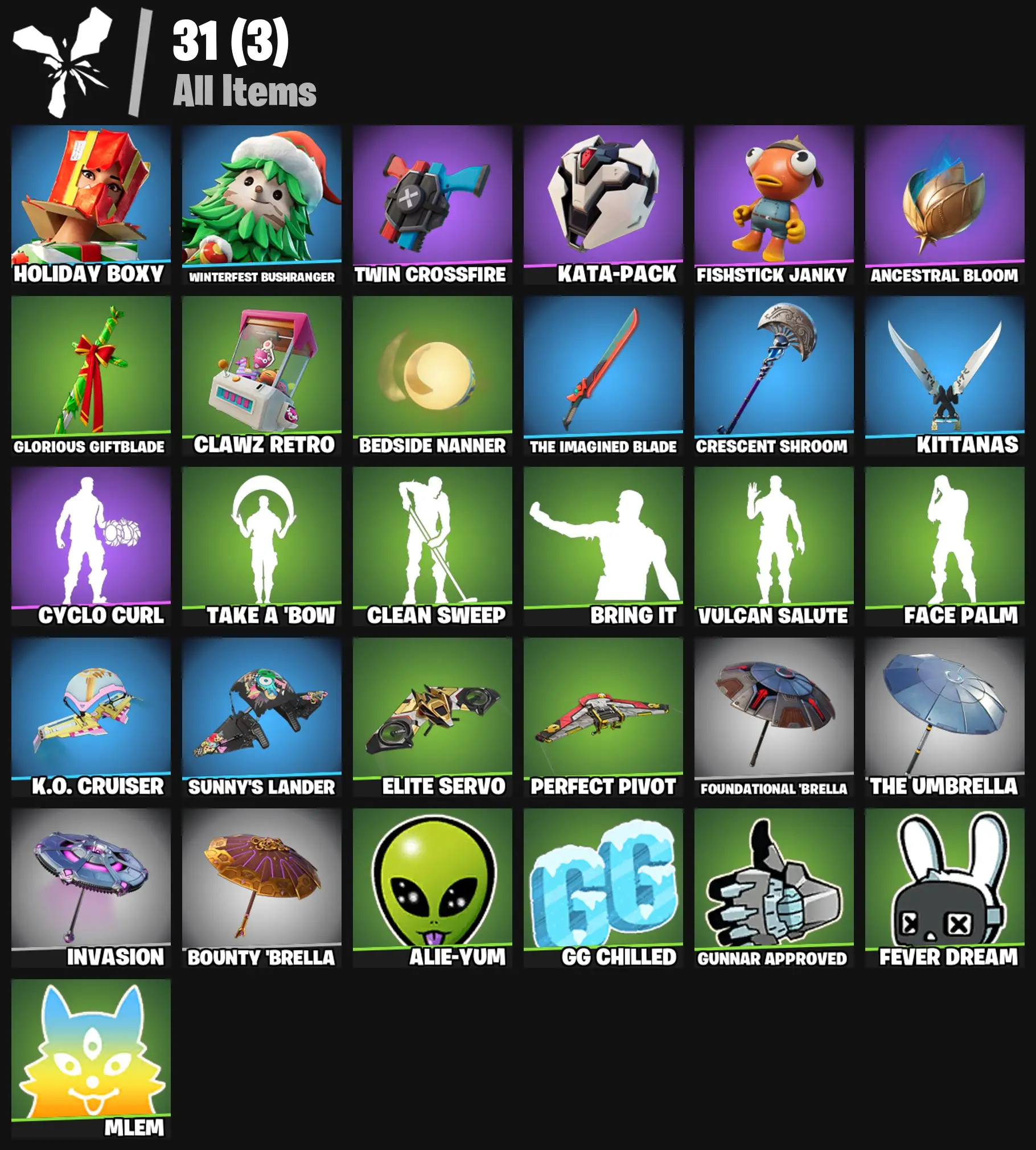 [PC/PSN/XBOX] 2 skins | Holiday Boxy | Winterfest Bushranger | Twin Crossfire | Kata-Pack | Fishstick Janky | Ancestral Bloom | Glorious Giftblade | 100 VB