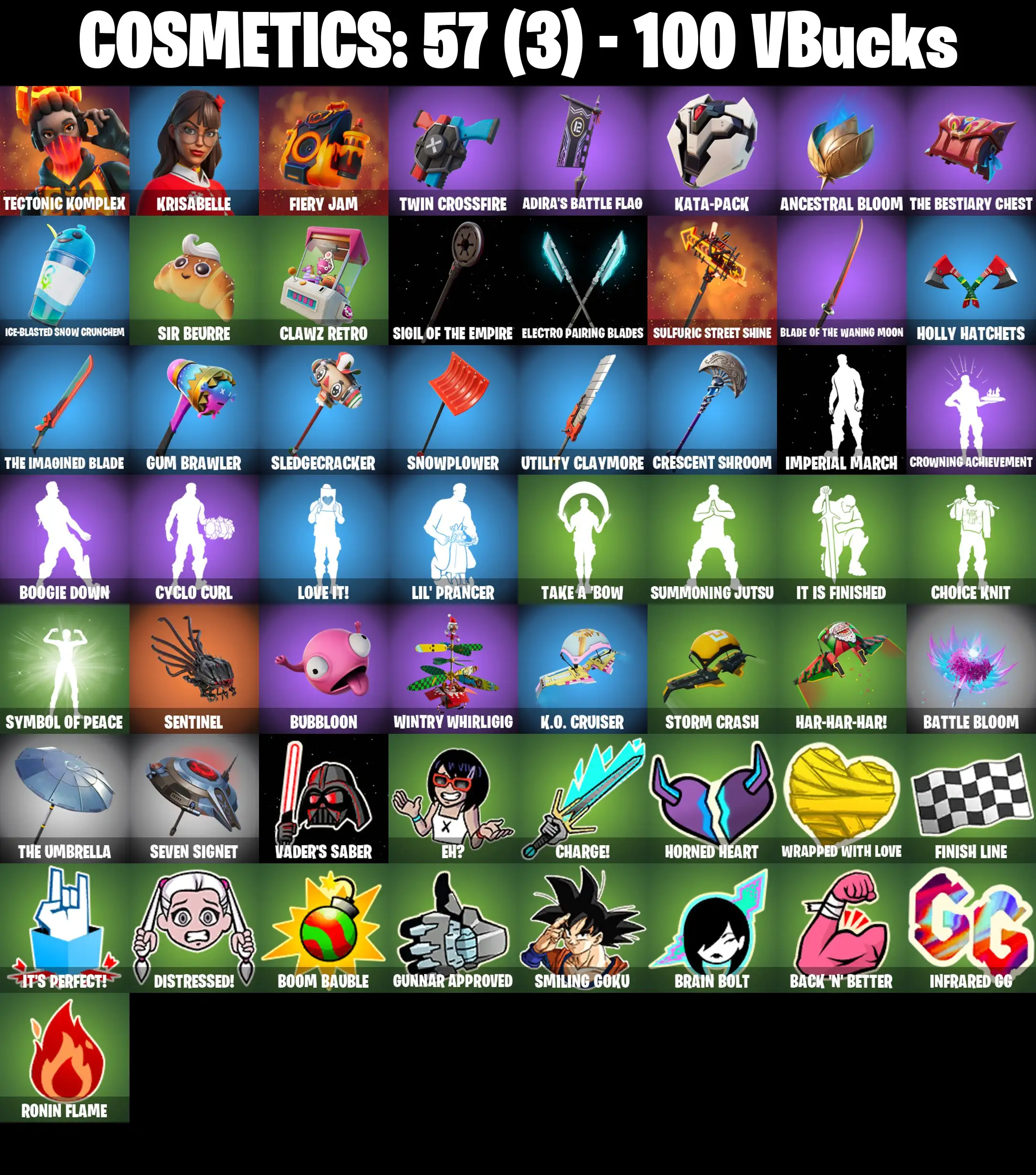[PC/PSN/XBOX] 2 skins | Tectonic Komplex | Krisabelle | Fiery Jam | Twin Crossfire | Adira's Battle Flag | Kata-Pack | Ancestral Bloom | 100 VB