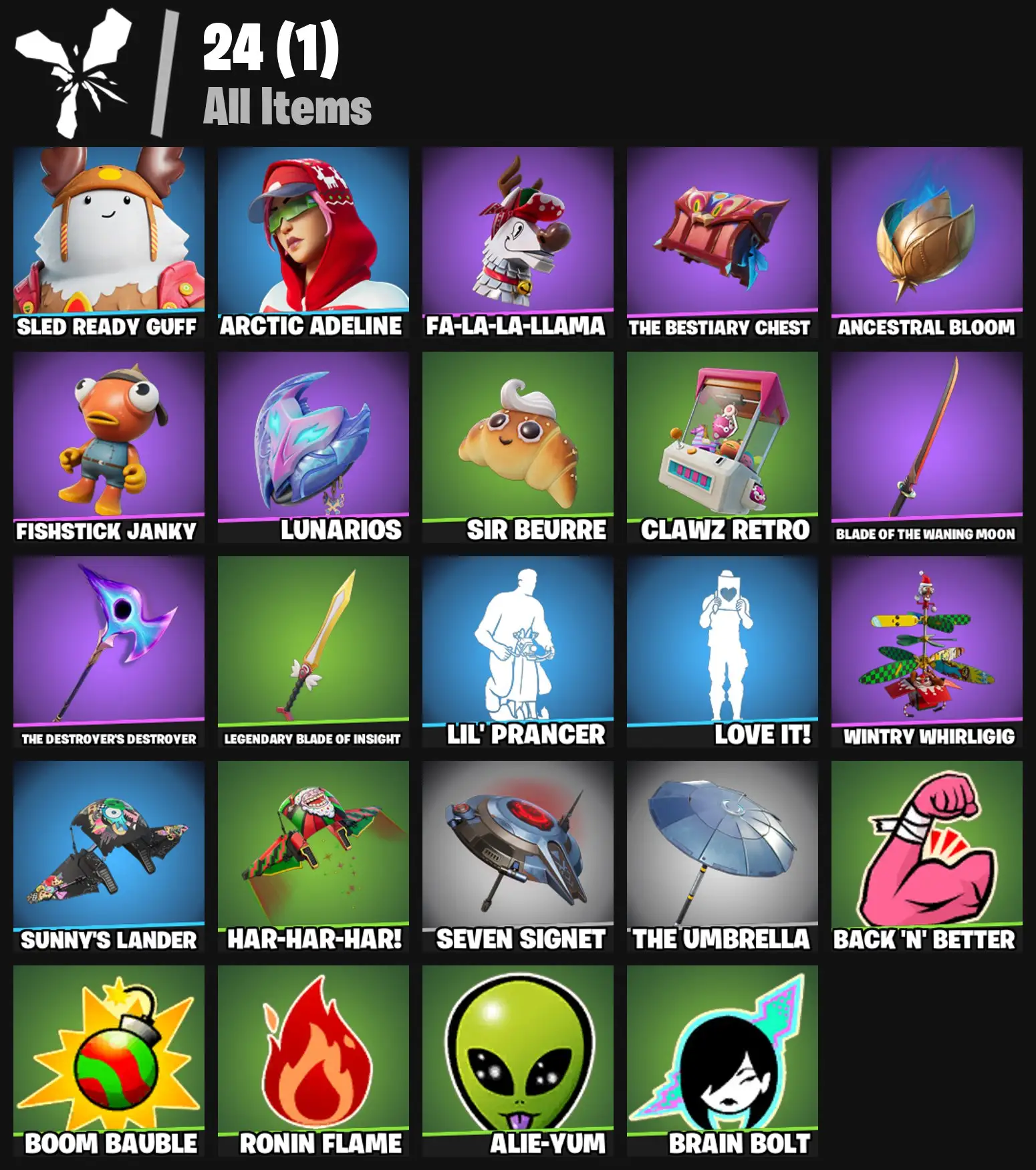 [PC/PSN/XBOX] 2 skins | Sled Ready Guff | Arctic Adeline | Fa-la-la-Llama | The Bestiary Chest | Ancestral Bloom | Fishstick Janky | Lunarios | 200 VB