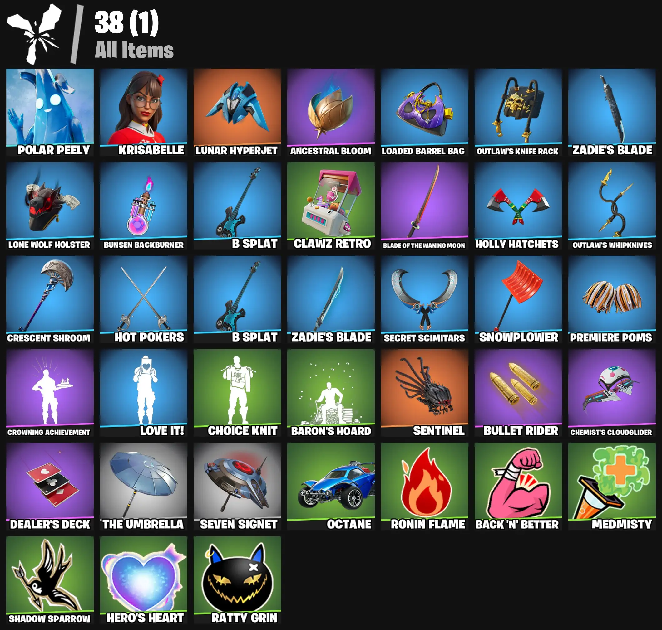 [PC/PSN/XBOX] 2 skins | Polar Peely | Krisabelle | Lunar Hyperjet | Ancestral Bloom | Loaded Barrel Bag | Outlaw's Knife Rack | Zadie's Blade | 200 VB