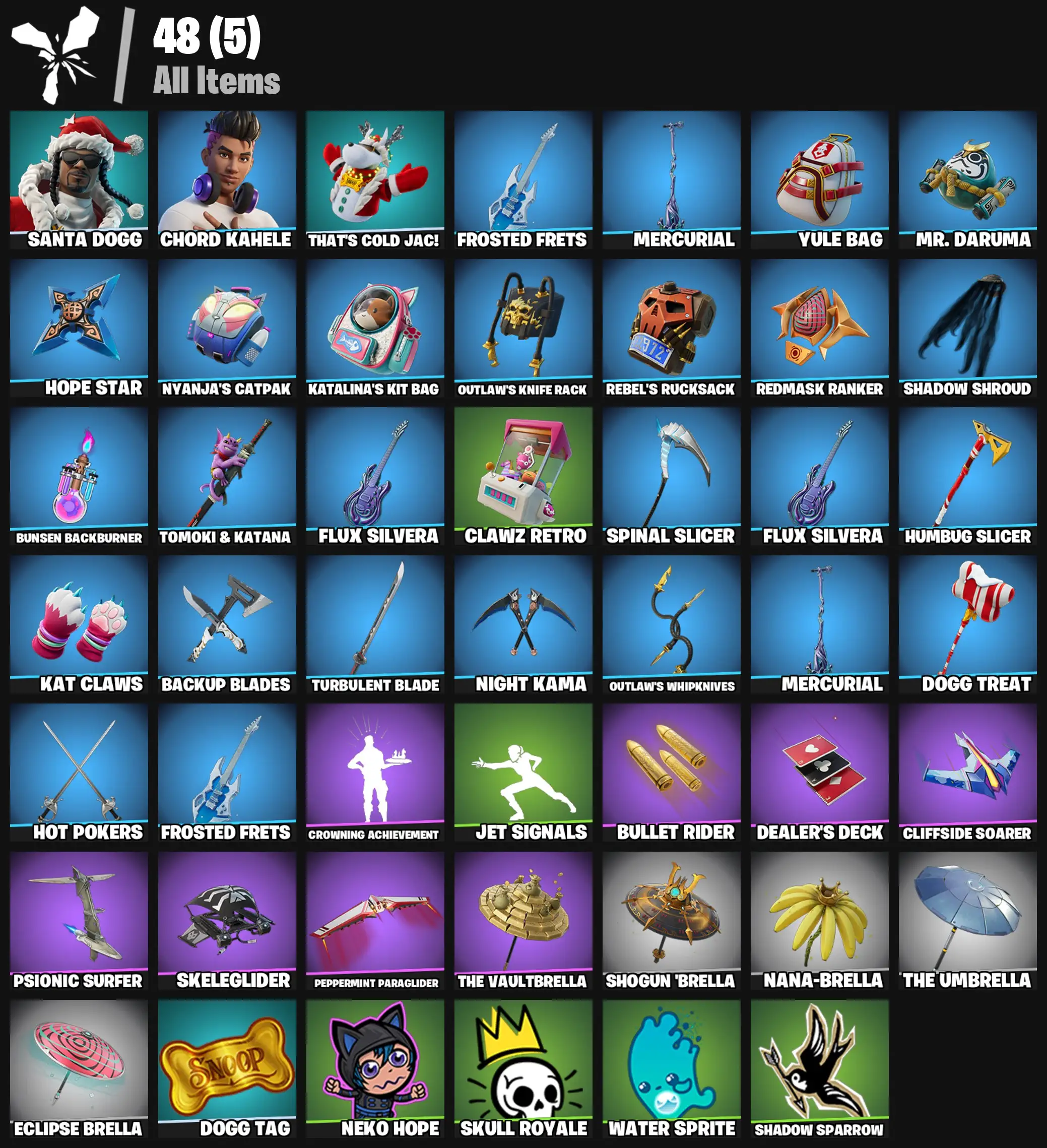 [PC/PSN/XBOX] 2 skins | Santa Dogg | Chord Kahele | That's Cold Jac! | Frosted Frets | Mercurial | Yule Bag | Mr. Daruma | Hope Star | 200 VB