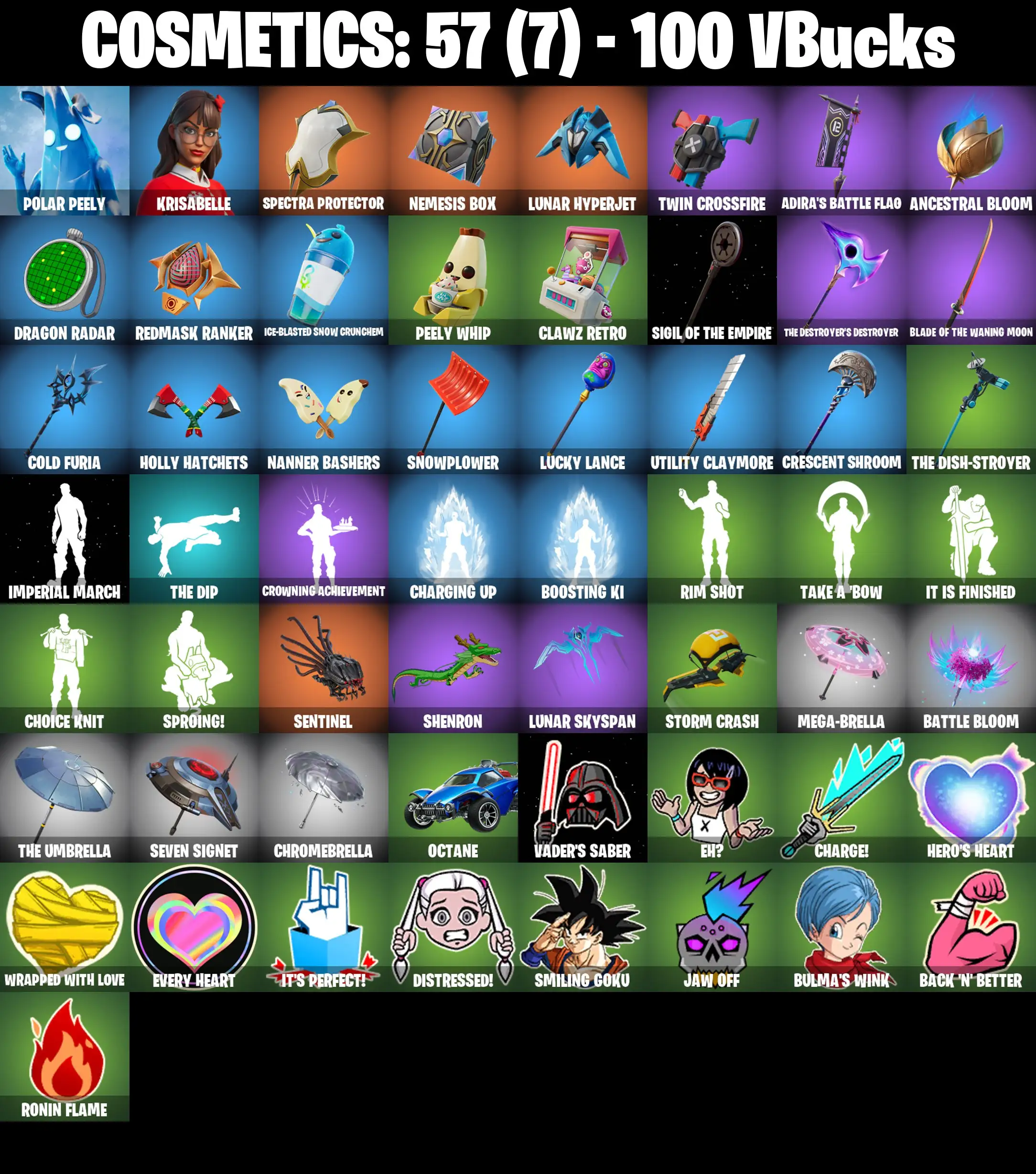 [PC/PSN/XBOX] 2 skins | Polar Peely | Krisabelle | Spectra Protector | Nemesis Box | Lunar Hyperjet | Twin Crossfire | Adira's Battle Flag | 100 VB