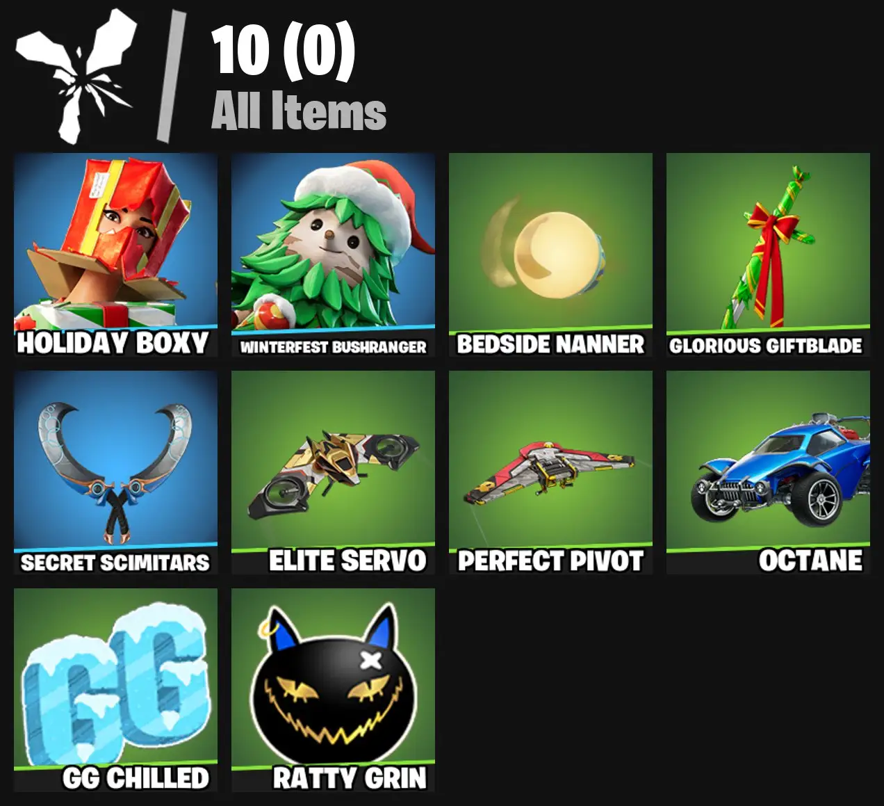 [PC/PSN/XBOX] 2 skins | Holiday Boxy | Winterfest Bushranger | Bedside Nanner | Glorious Giftblade | Secret Scimitars | Elite Servo | Perfect Pivot | 0 VB