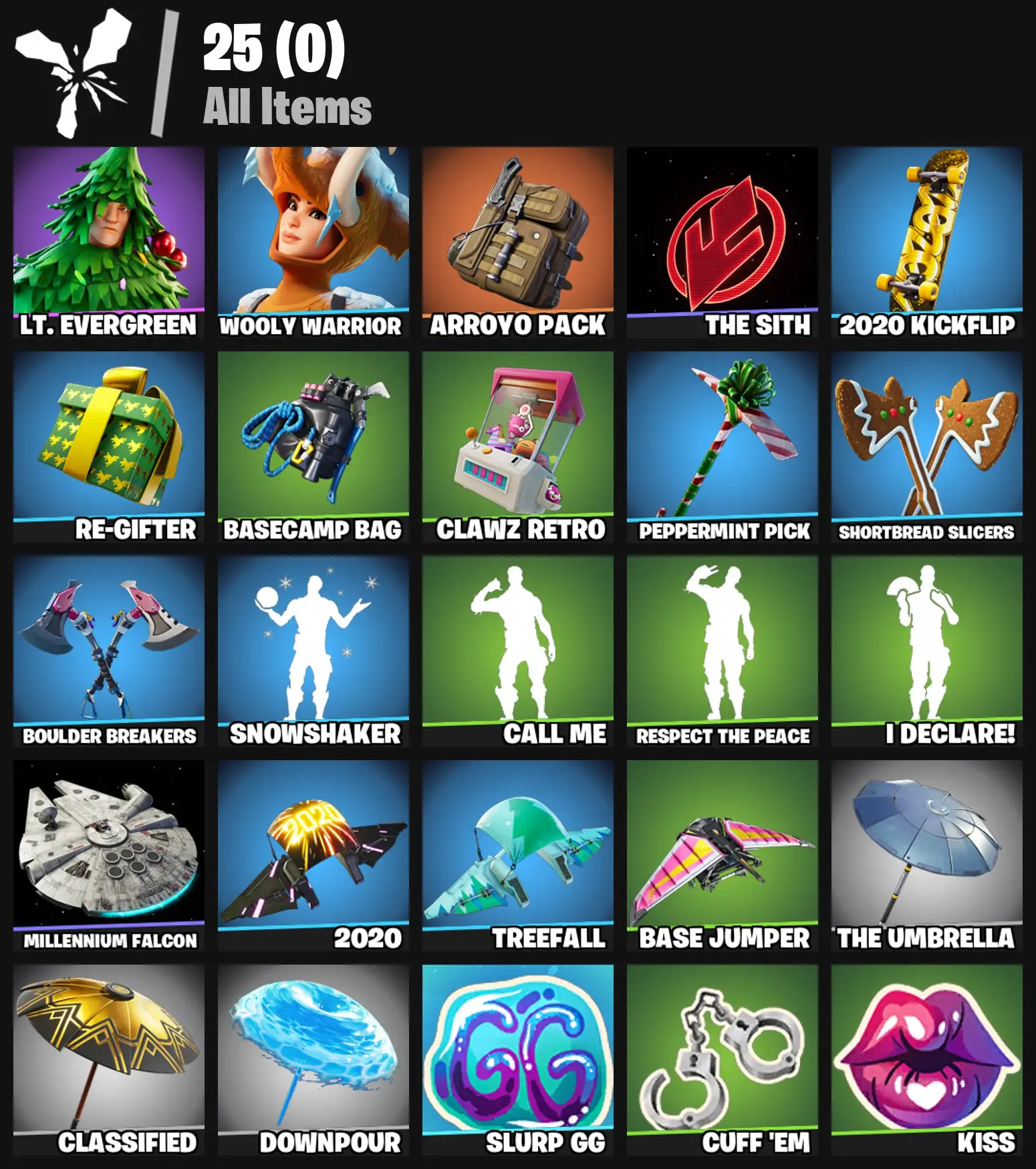 [PC/PSN/XBOX] 2 skins | Lt. Evergreen | Wooly Warrior | Arroyo Pack | The Sith | 2020 Kickflip | Re-gifter | Basecamp Bag | Clawz Retro | 0 VB