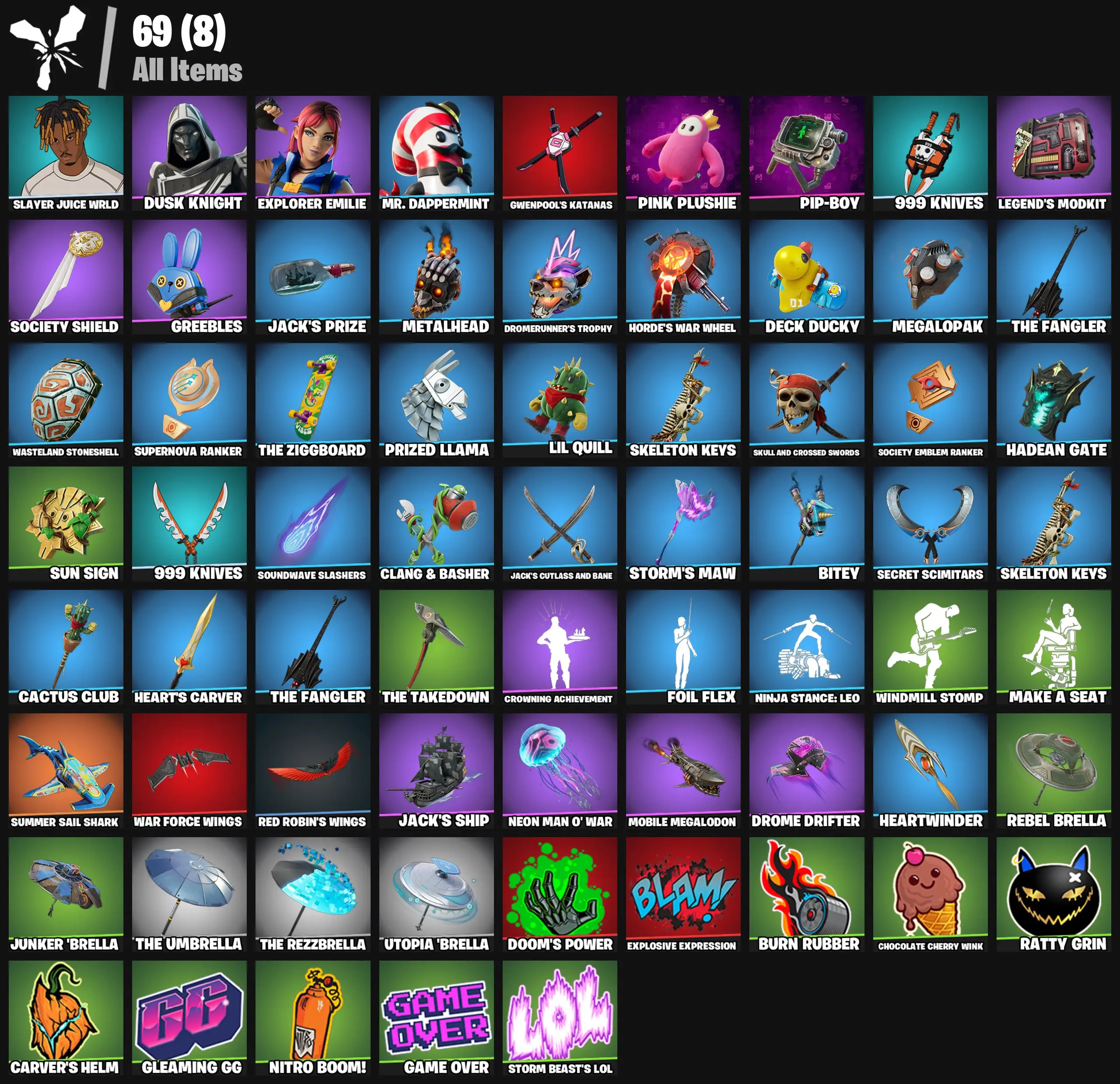 [PC/PSN/XBOX] 4 skins | Slayer Juice WRLD | Blitz Knight | Explorer Emilie | Mr. Dappermint | Gwenpool's Katanas | Pink Plushie | Pip-Boy | 200 VB