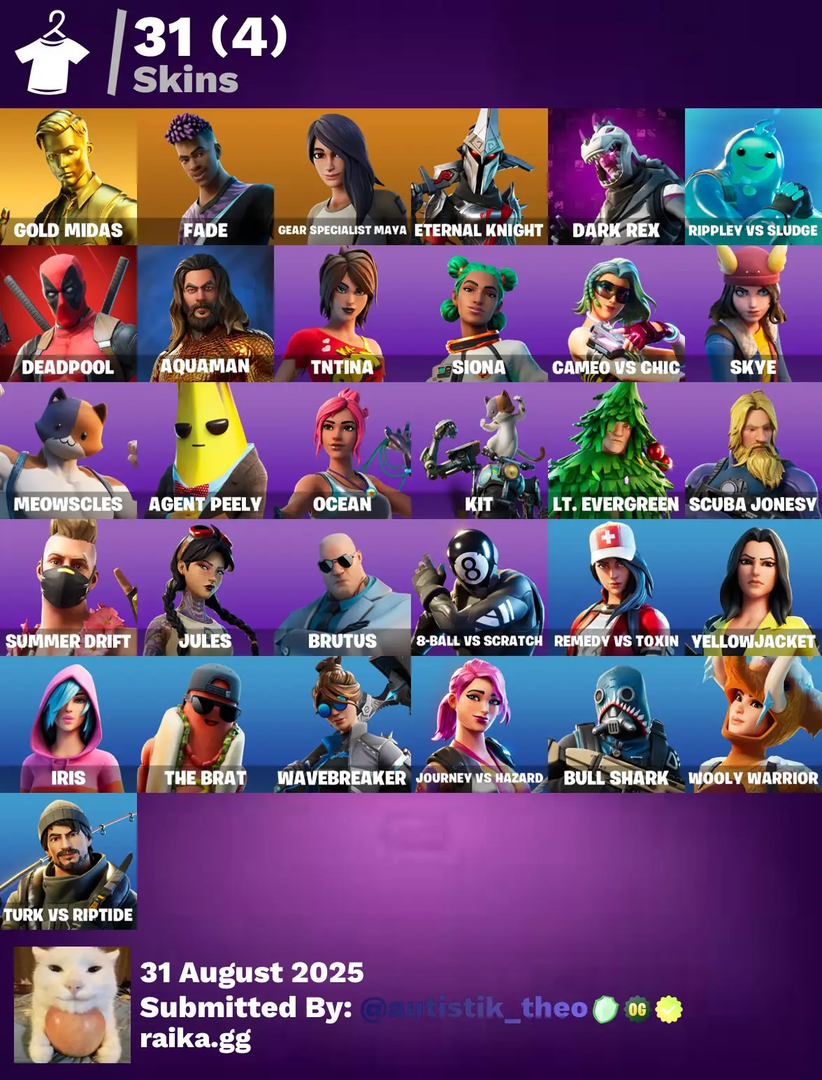 [PC/PSN/XBOX] 31 skins | Gold Midas | Fade | Gear Specialist Maya | Eternal Knight | Dark Rex | Rippley vs Sludge | Deadpool | Aquaman | TNTina | 50 VB