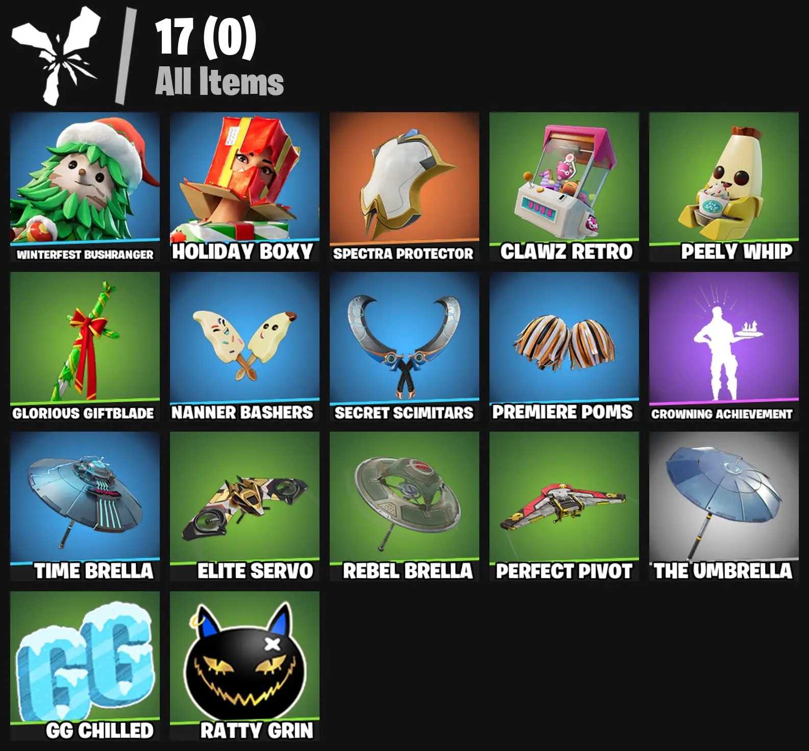 [PC/PSN/XBOX] 2 skins | Winterfest Bushranger | Holiday Boxy | Spectra Protector | Clawz Retro | Peely Whip | Glorious Giftblade | Nanner Bashers | 0 VB