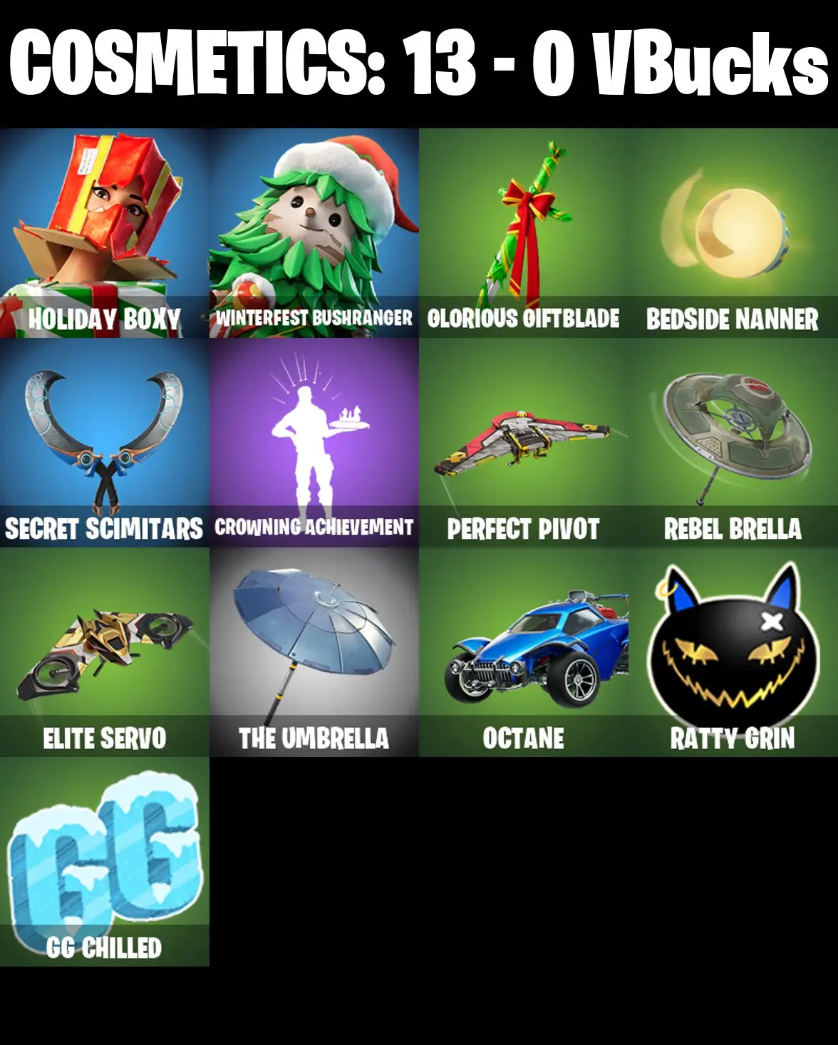 [PC/PSN/XBOX] 2 skins | Holiday Boxy | Winterfest Bushranger | Glorious Giftblade | Bedside Nanner | Secret Scimitars | Crowning Achievement | 0 VB