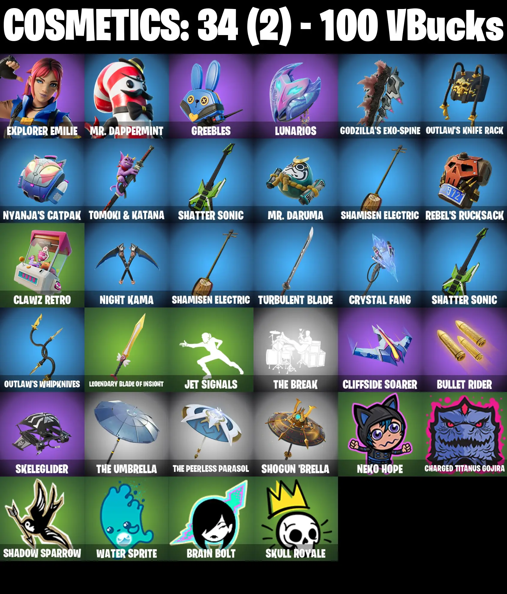 [PC/PSN/XBOX] 2 skins | Explorer Emilie | Mr. Dappermint | Greebles | Lunarios | Godzilla's Exo-Spine | Outlaw's Knife Rack | Nyanja's Catpak | 100 VB