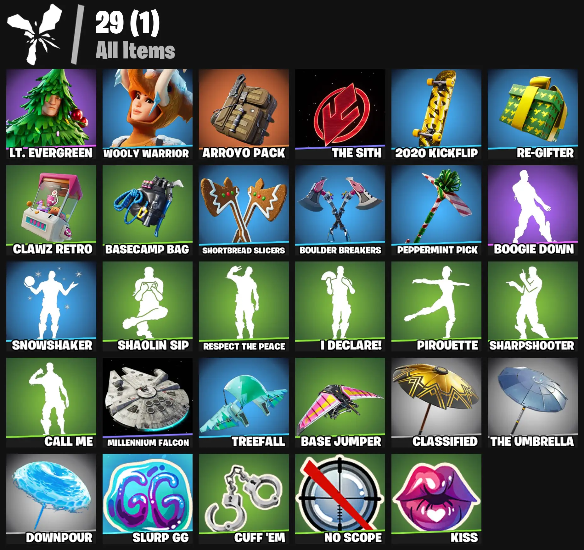 [PC/PSN/XBOX] 2 skins | Lt. Evergreen | Wooly Warrior | Arroyo Pack | The Sith | 2020 Kickflip | Re-gifter | Clawz Retro | Basecamp Bag | 200 VB