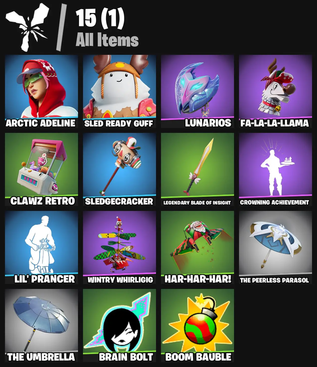 [PC/PSN/XBOX] 2 skins | Arctic Adeline | Sled Ready Guff | Lunarios | Fa-la-la-Llama | Clawz Retro | Sledgecracker | Legendary Blade of Insight | 0 VB