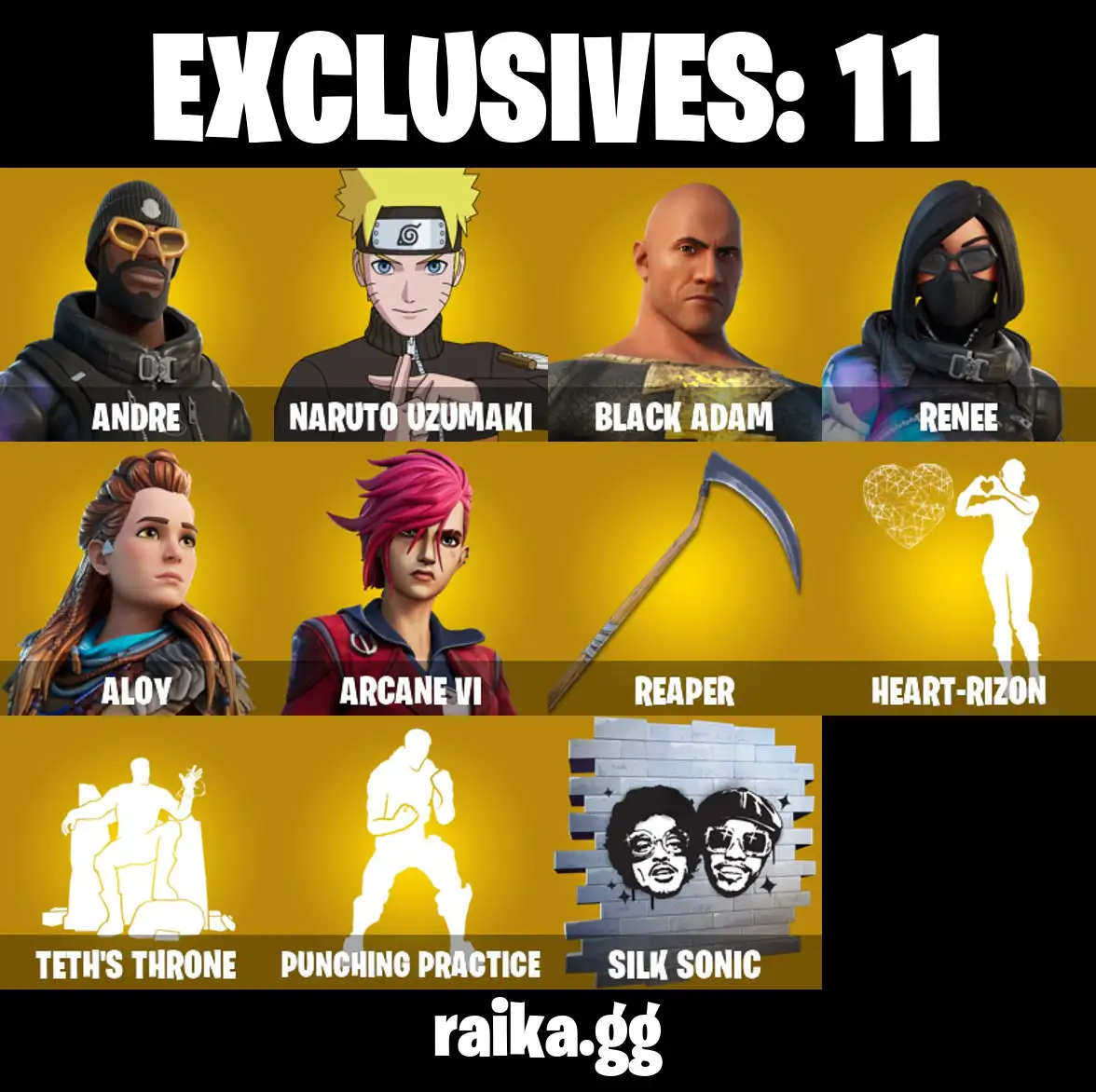 [PC/PSN/XBOX] 137 STACKED Skins | Andre | Naruto Uzumaki | Black Adam | Renee | Aloy | Arcane Vi | Reaper | Kylo Ren | Thanos | Skull Trooper | The Batman Who Laugh | Ariana Grande