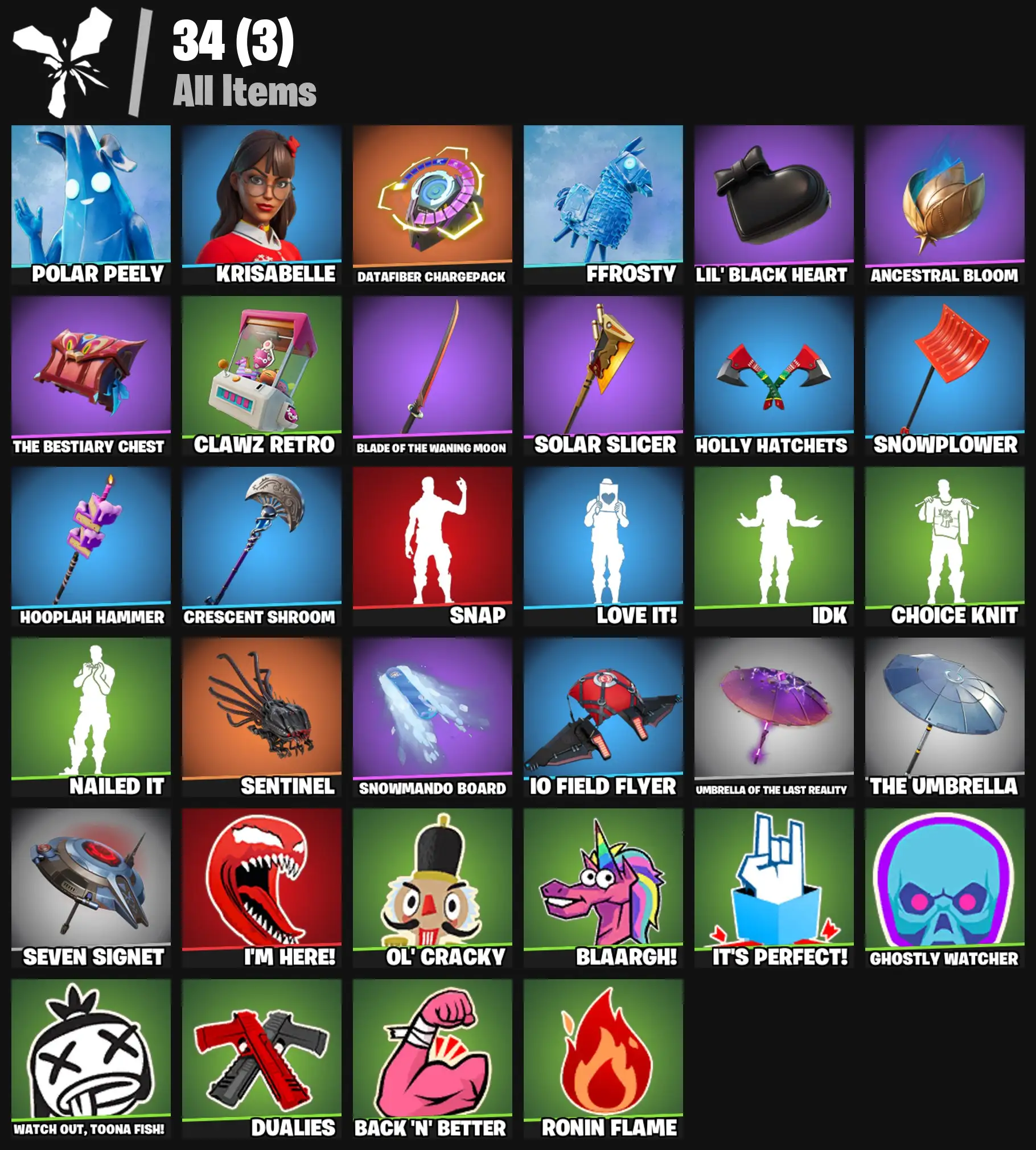 [PC/PSN/XBOX] 2 skins | Polar Peely | Krisabelle | Datafiber Chargepack | Ffrosty | Lil' Black Heart | Ancestral Bloom | The Bestiary Chest | 0 VB