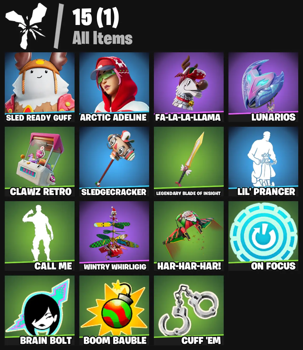 [PC/PSN/XBOX] 2 skins | Sled Ready Guff | Arctic Adeline | Fa-la-la-Llama | Lunarios | Clawz Retro | Sledgecracker | Legendary Blade of Insight | 100 VB
