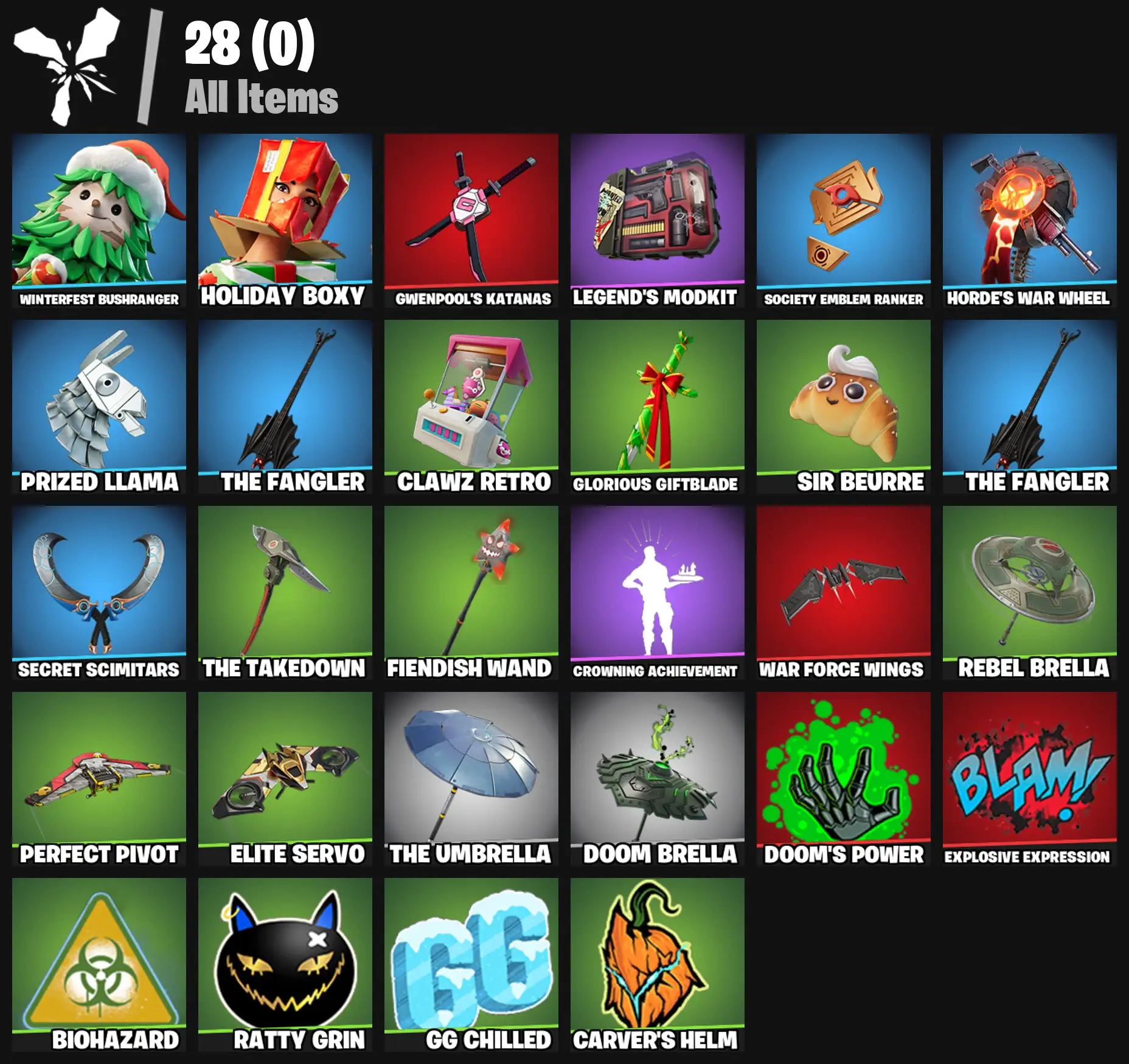 [PC/PSN/XBOX] 2 skins | Winterfest Bushranger | Holiday Boxy | Gwenpool's Katanas | Legend's Modkit | Society Emblem Ranker | Horde's War Wheel | 100 VB