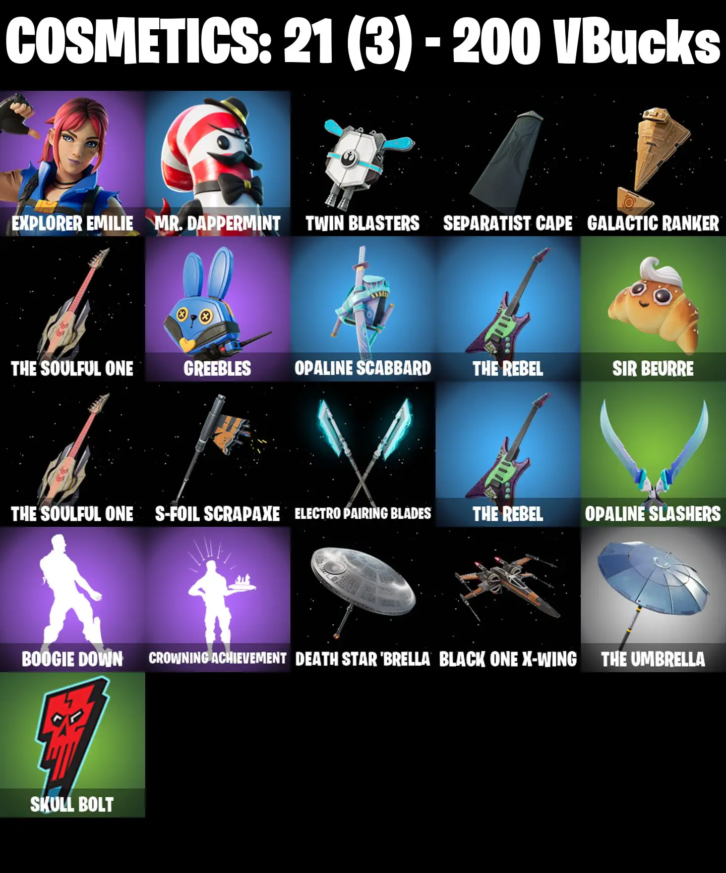 [PC/PSN/XBOX] 2 skins | Explorer Emilie | Mr. Dappermint | Twin Blasters | Separatist Cape | Galactic Ranker | The Soulful One | Greebles | 200 VB