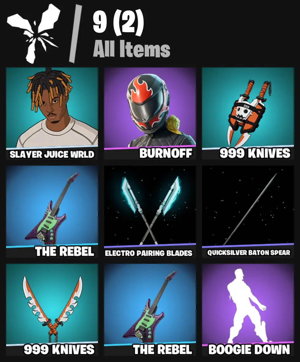 [PC/PSN/XBOX] 2 skins | Slayer Juice WRLD | Burnoff | 999 Knives | The Rebel | Electro Pairing Blades | Quicksilver Baton Spear | 999 Knives | 0 VB