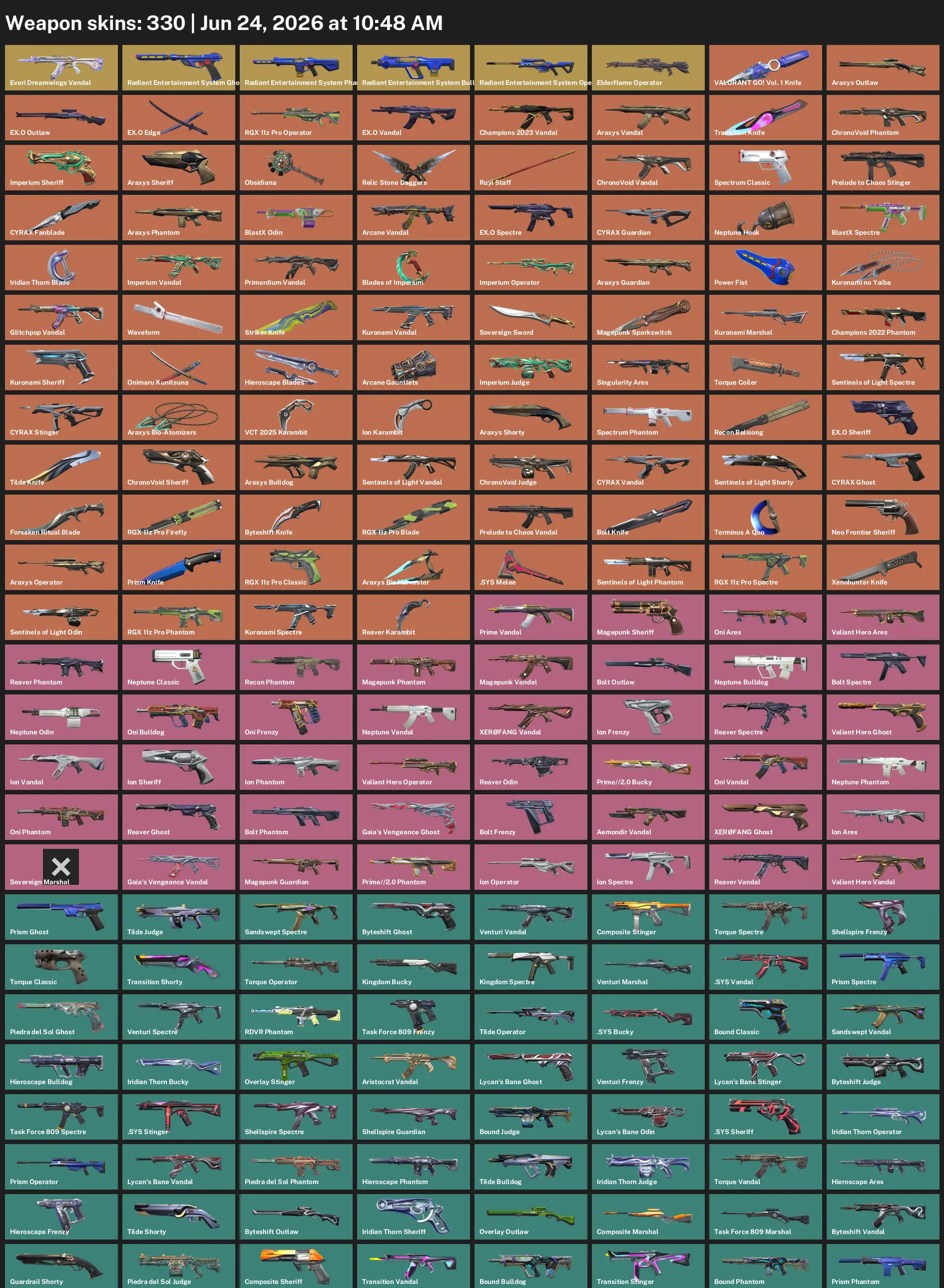 NA  | 330 Skins | 262,725 VP | Champions 2023 Vandal | VCT 2025 Karambit | Kuronami Knife