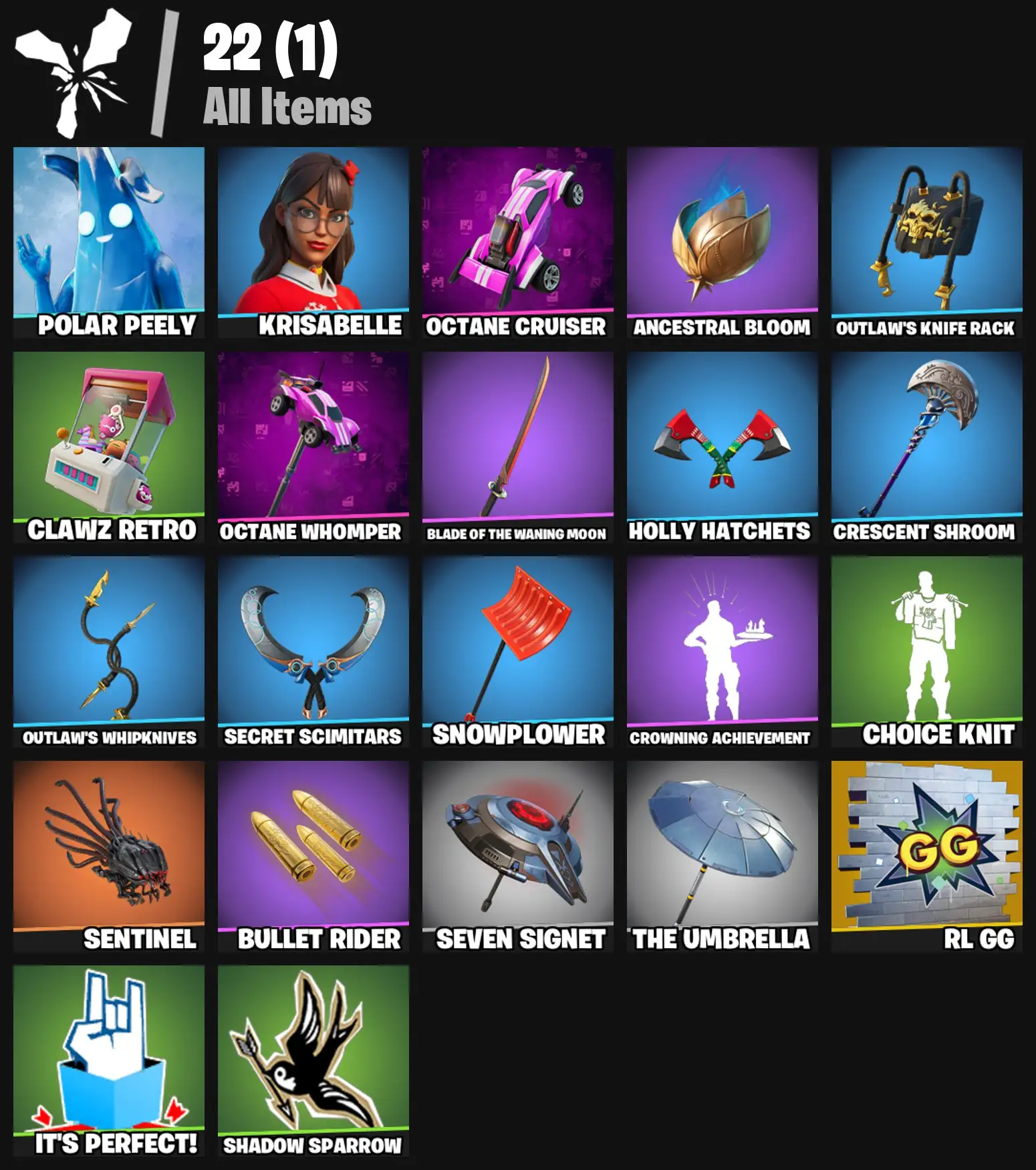 [PC/PSN/XBOX] 2 skins | Polar Peely | Krisabelle | Octane Cruiser | Ancestral Bloom | Outlaw's Knife Rack | Clawz Retro | Octane Whomper | 100 VB