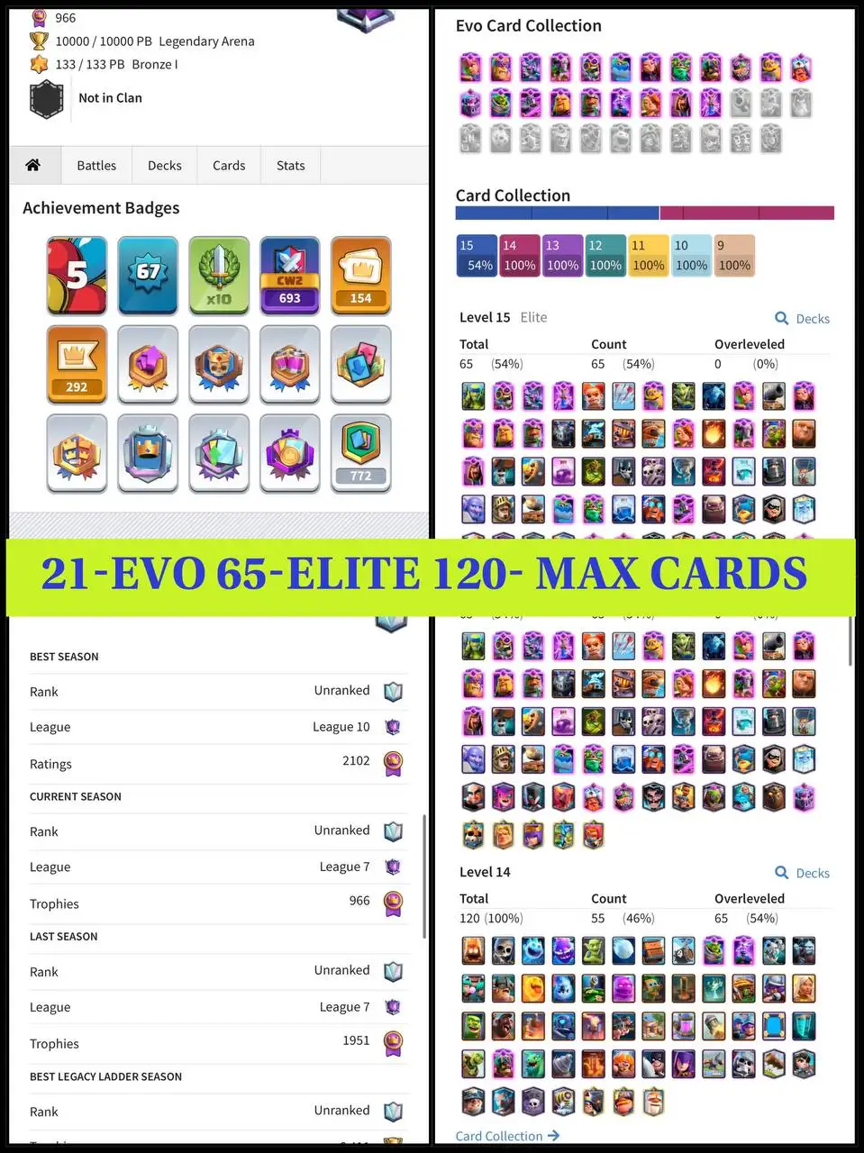 🔥 LVL 67-ULTIMATE CHAMPION 🏆 | 15,000+ TROPHIES 🌍 | 120 MAX CARDS 💯 | 65 ELITE ⚔️ | 21 EVO ✨ | 21 TOWER SKINS 🏰 | 154 EMOTES 🎭 | 147 BANNERS 🖼 | 21K WINS ⚡️ | SAFE LOGIN 🔐 | INSTANT DELIVERY 🚀