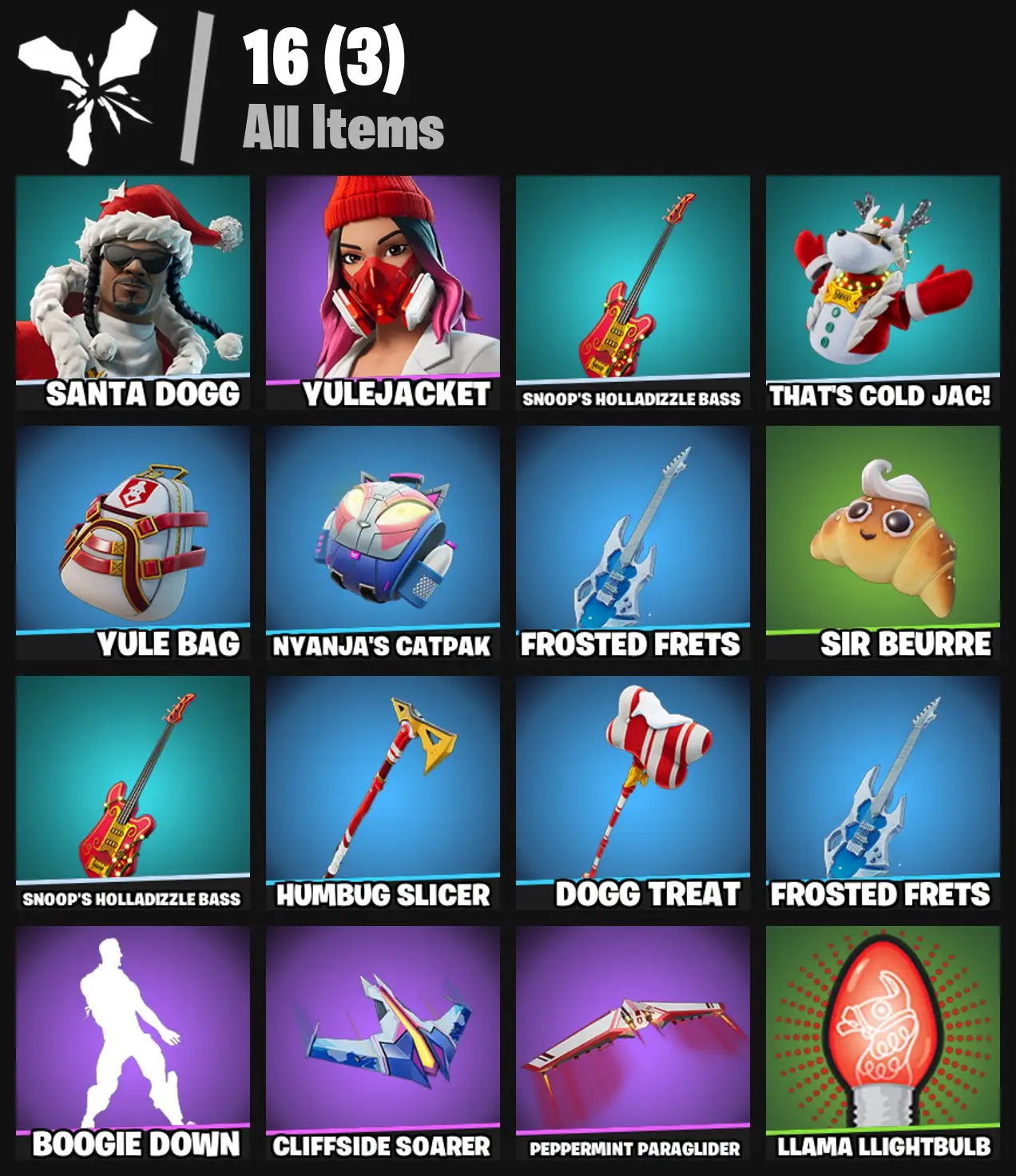[PC/PSN/XBOX] 2 skins | Santa Dogg | Yulejacket | Snoop's Holladizzle Bass | That's Cold Jac! | Yule Bag | Nyanja's Catpak | Frosted Frets | 100 VB