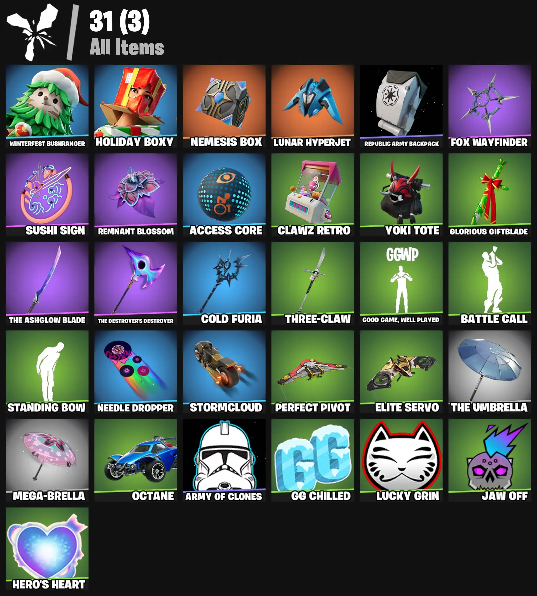 [PC/PSN/XBOX] 2 skins | Winterfest Bushranger | Holiday Boxy | Nemesis Box | Lunar Hyperjet | Republic Army Backpack | Fox Wayfinder | Sushi Sign | 0 VB