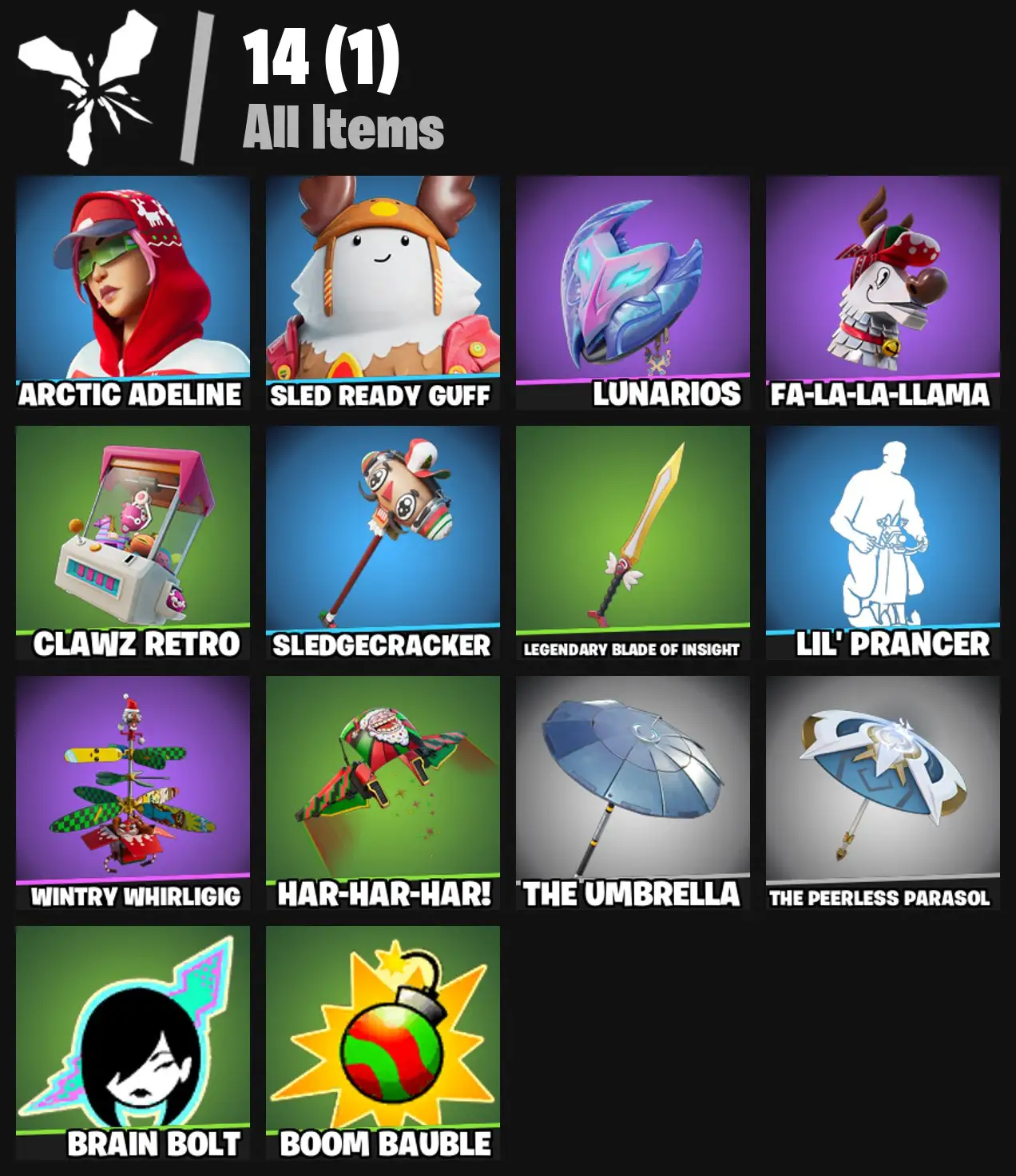 [PC/PSN/XBOX] 2 skins | Arctic Adeline | Sled Ready Guff | Lunarios | Fa-la-la-Llama | Clawz Retro | Sledgecracker | Legendary Blade of Insight | 0 VB