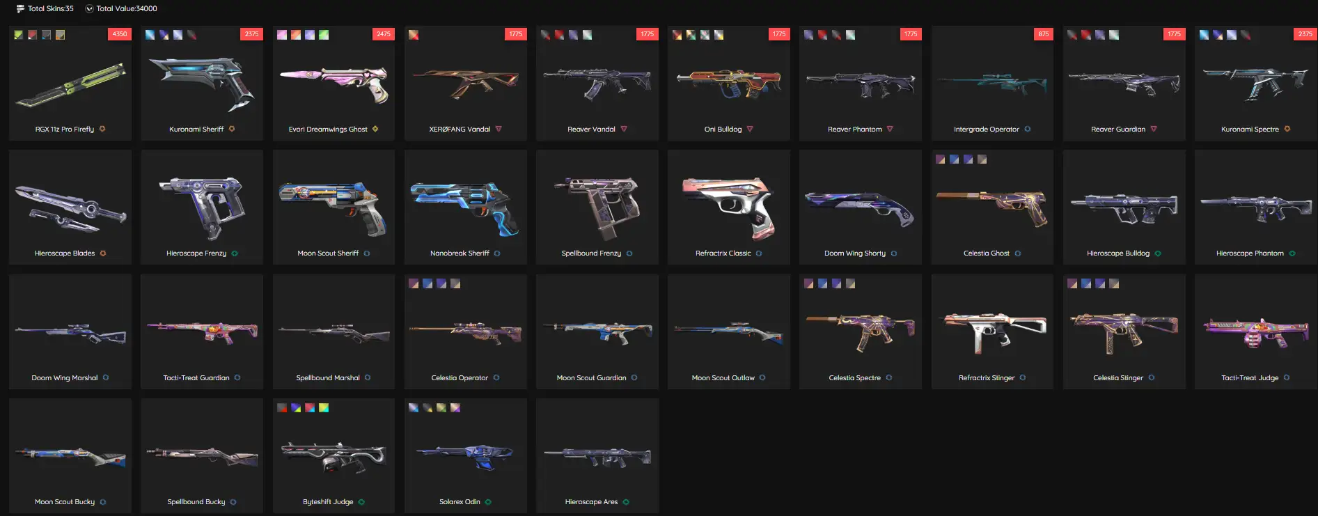 【 EU 】35 SKINS ✫ Kuronami Sheriff + RGX 11z Pro Firefly + Reaver Vandal ✫ 34000 VP Inv Value ✫ Full access