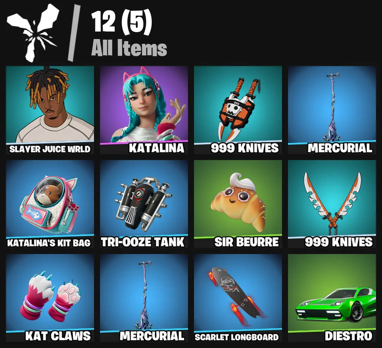 [PC/PSN/XBOX] 2 skins | Slayer Juice WRLD | Katalina | 999 Knives | Mercurial | Katalina's Kit Bag | Tri-Ooze Tank | Sir Beurre | 999 Knives | 0 VB