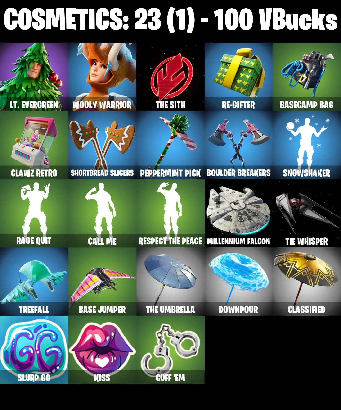 [PC/PSN/XBOX] 2 skins | Lt. Evergreen | Wooly Warrior | The Sith | Re-gifter | Basecamp Bag | Clawz Retro | Shortbread Slicers | Peppermint Pick | 100 VB