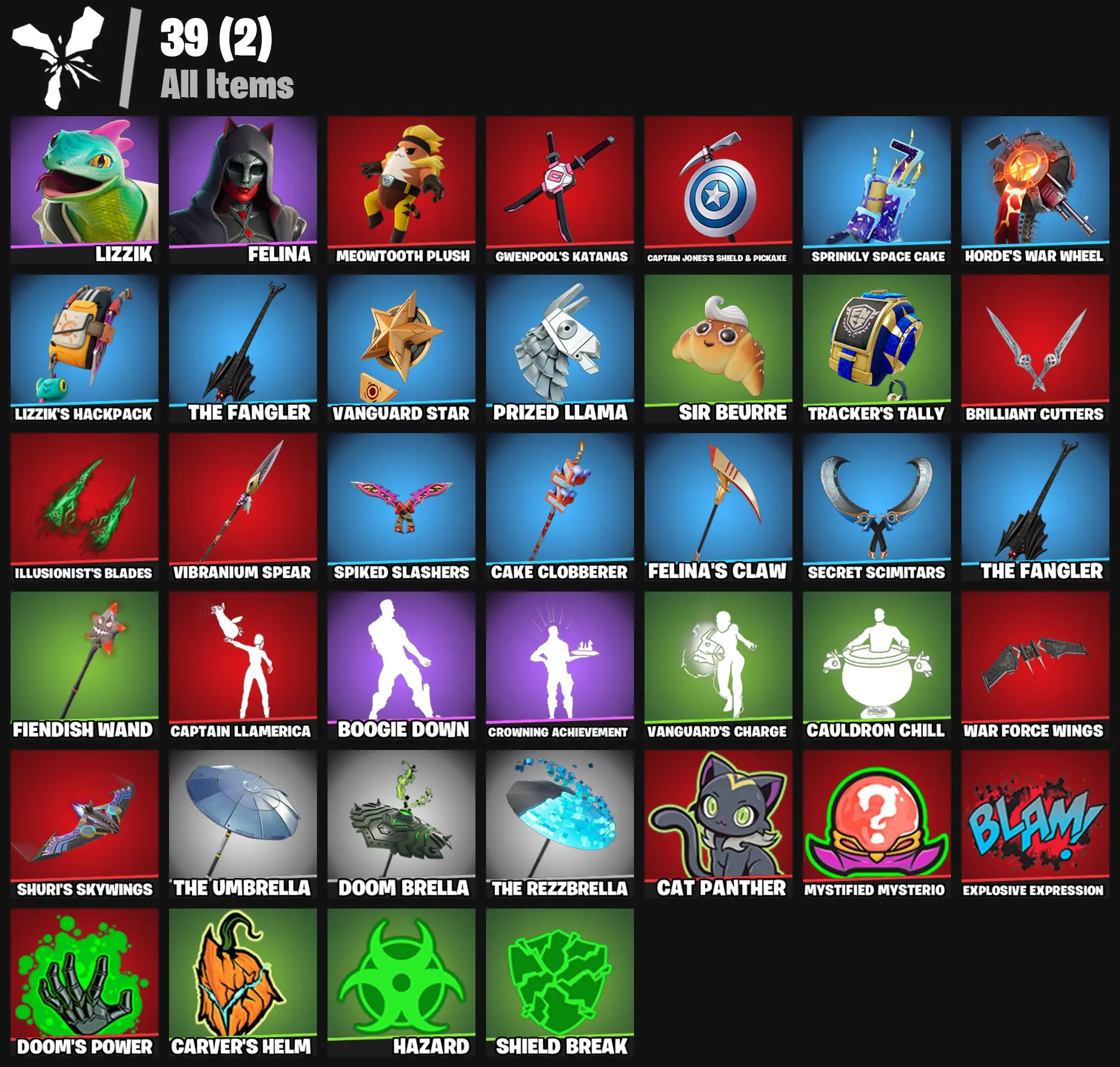 [PC/PSN/XBOX] 2 skins | Lizzik | Felina | Meowtooth Plush | Gwenpool's Katanas | Captain Jones's Shield & Pickaxe | Sprinkly Space Cake | 0 VB