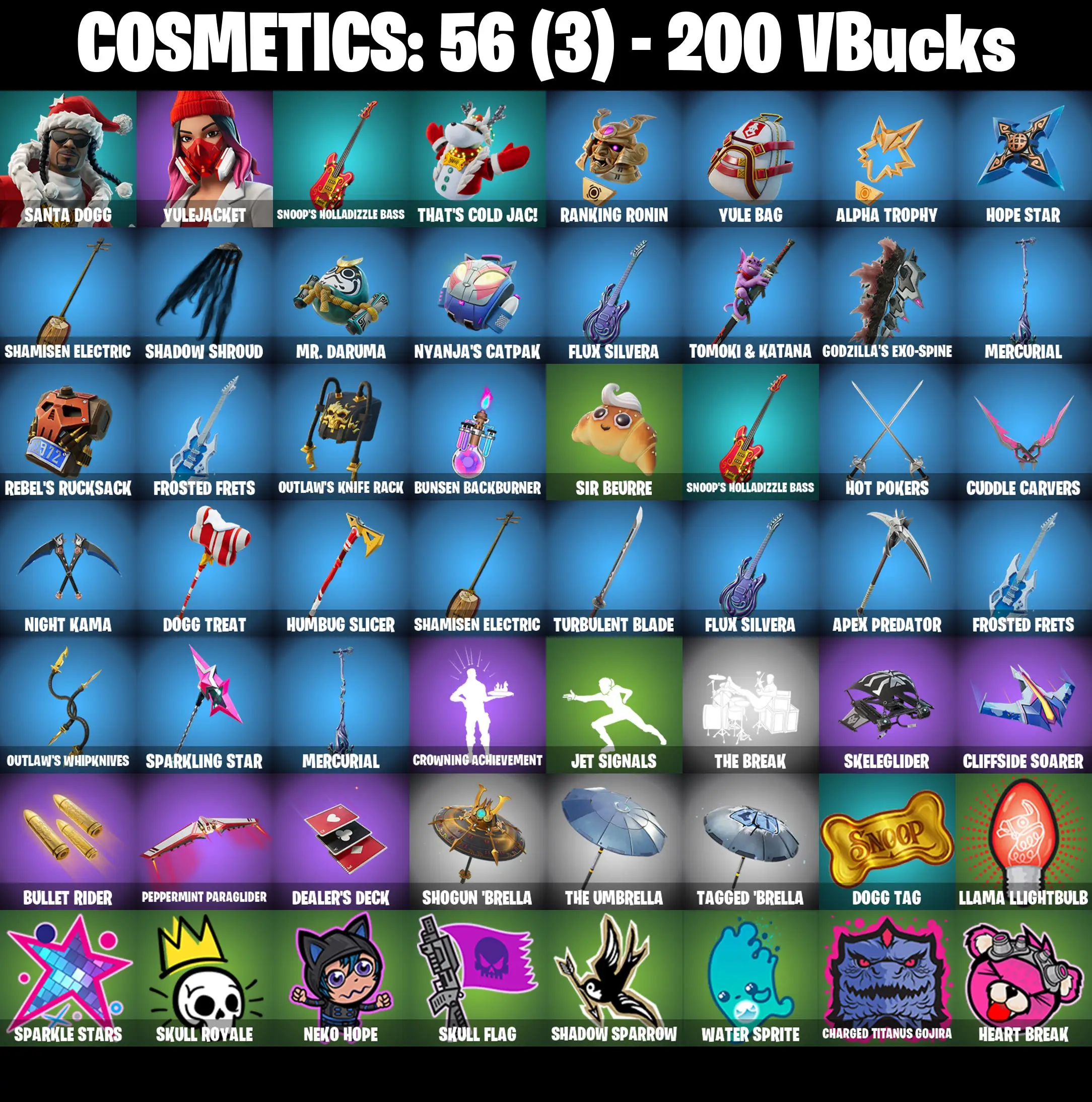 [PC/PSN/XBOX] 2 skins | Santa Dogg | Yulejacket | Snoop's Holladizzle Bass | That's Cold Jac! | Ranking Ronin | Yule Bag | Alpha Trophy | Hope Star | 200 VB