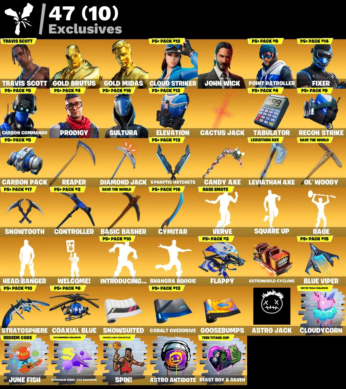 158 skins | Travis Scott | Gold Brutus | Gold Midas | Cloud Striker | John Wick | Point Patroller | Fixer | Carbon Commando | Prodigy | Sultura | 320 VB