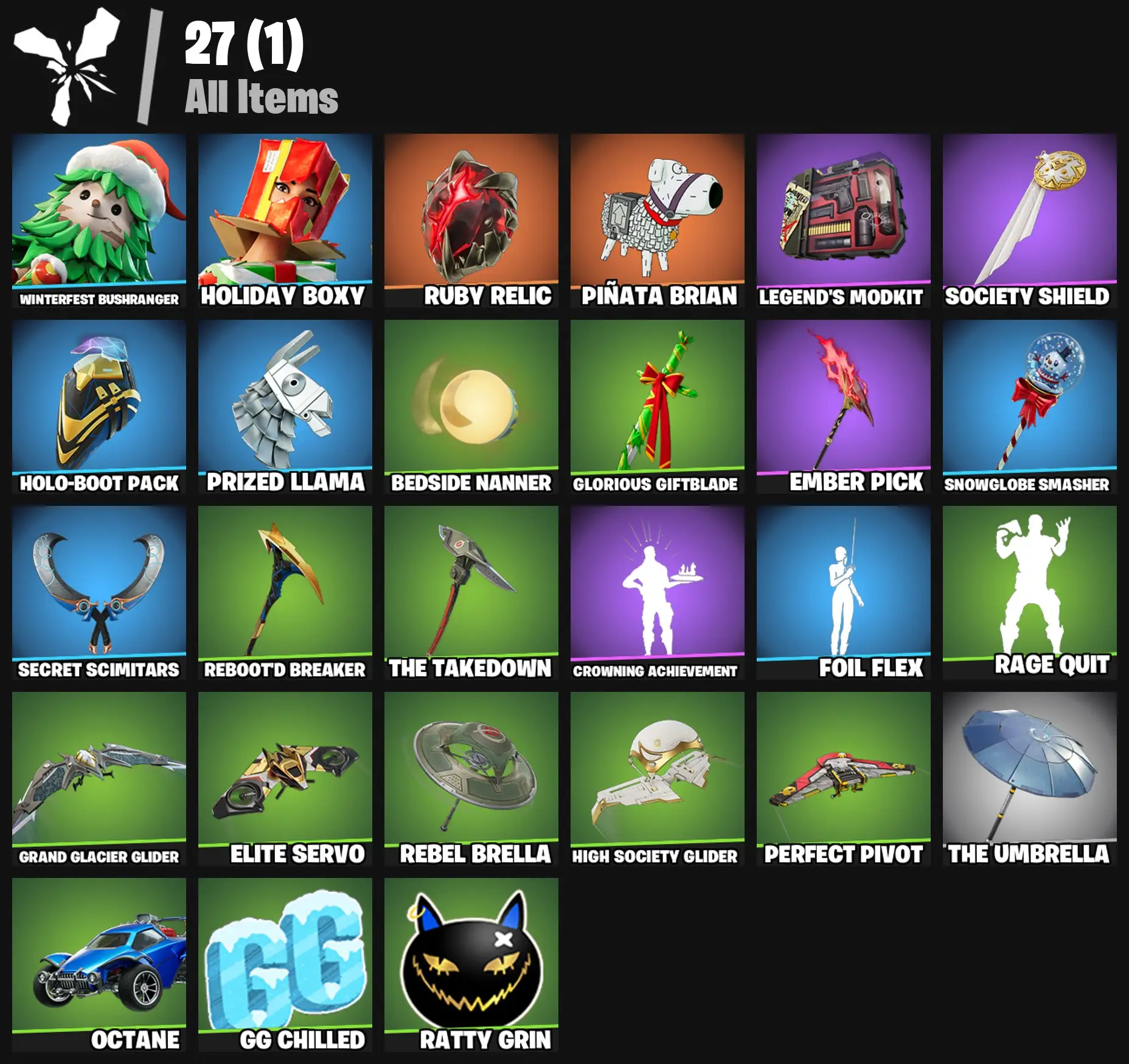 [PC/PSN/XBOX] 2 skins | Winterfest Bushranger | Holiday Boxy | Ruby Relic | Piñata Brian | Legend's Modkit | Society Shield | Holo-Boot Pack | 100 VB