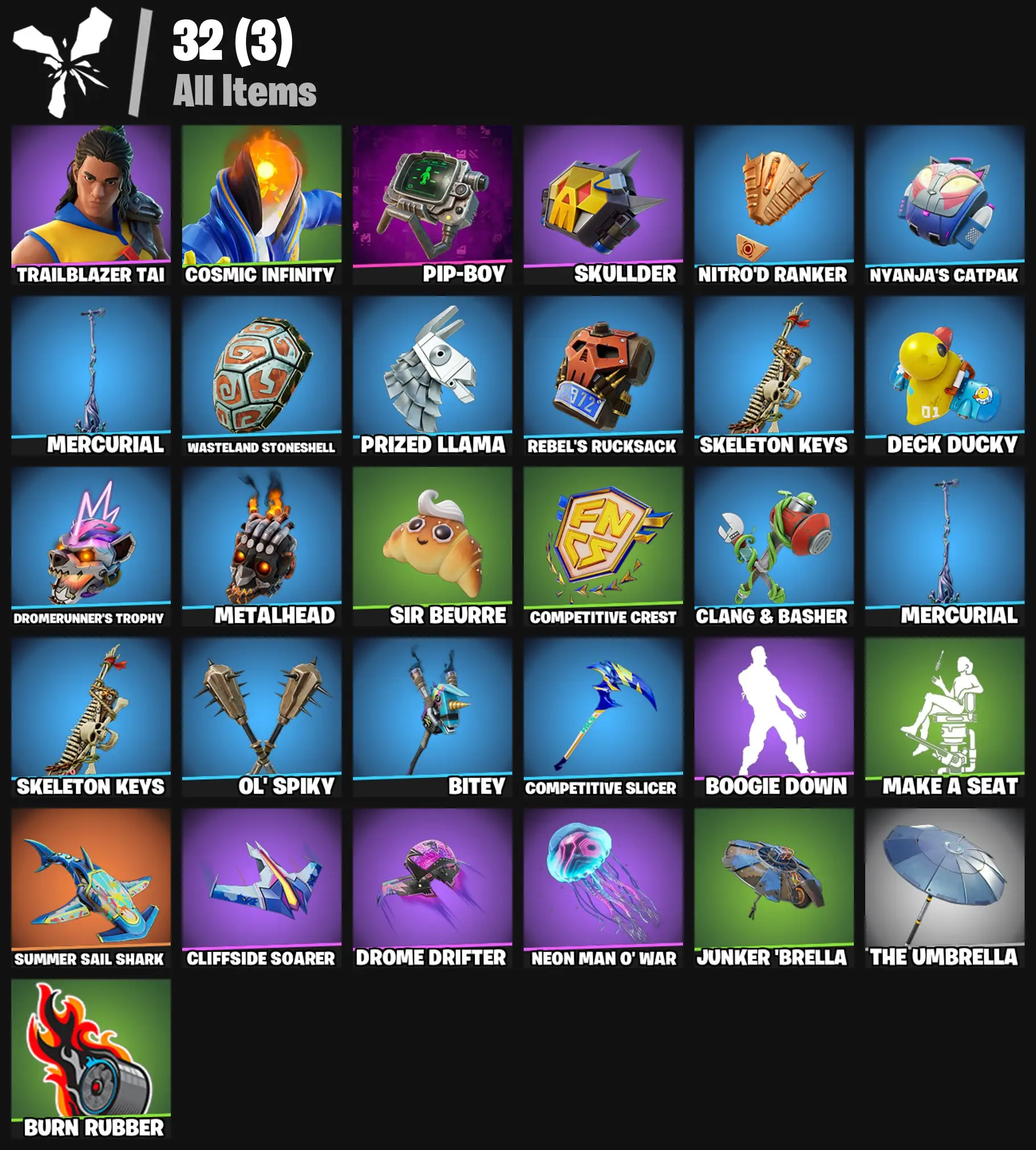 [PC/PSN/XBOX] 2 skins | Trailblazer Tai | Cosmic Infinity | Pip-Boy | Skullder | Nitro'd Ranker | Nyanja's Catpak | Mercurial | Wasteland Stoneshell | 100 VB